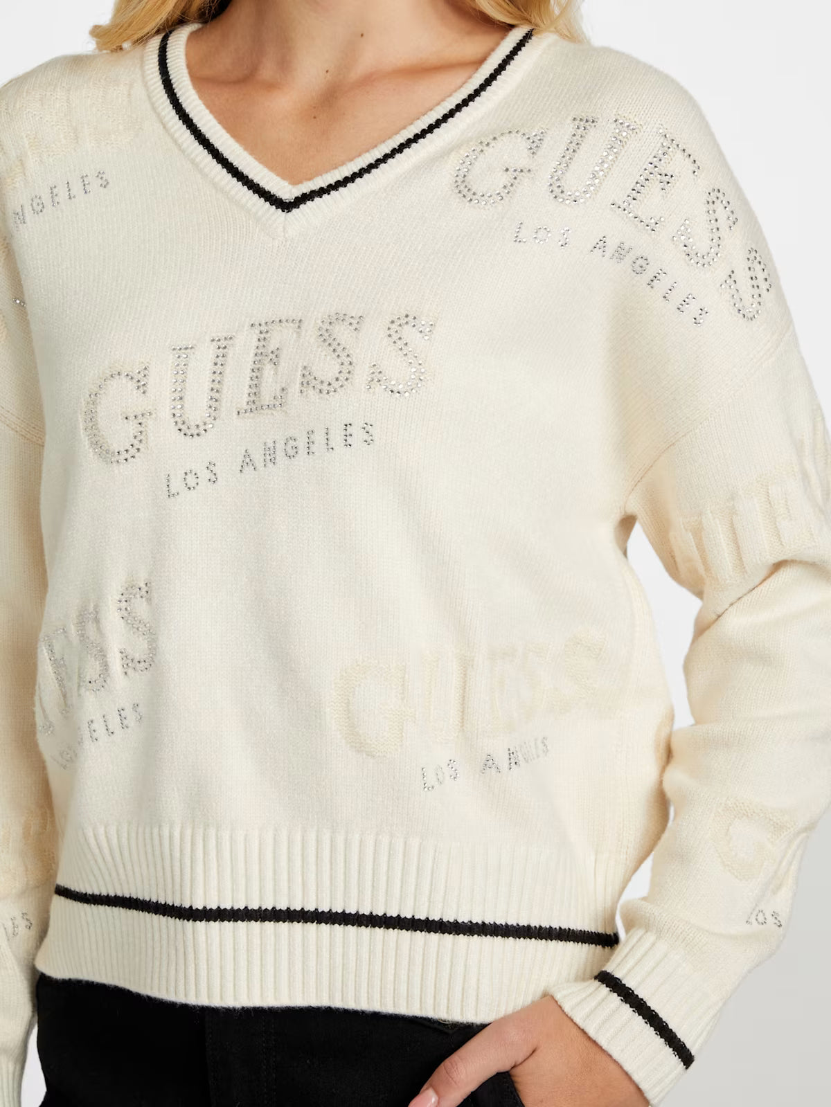 Guess Womens' Dateryn V-Neck Sweater BLACK Off-white
