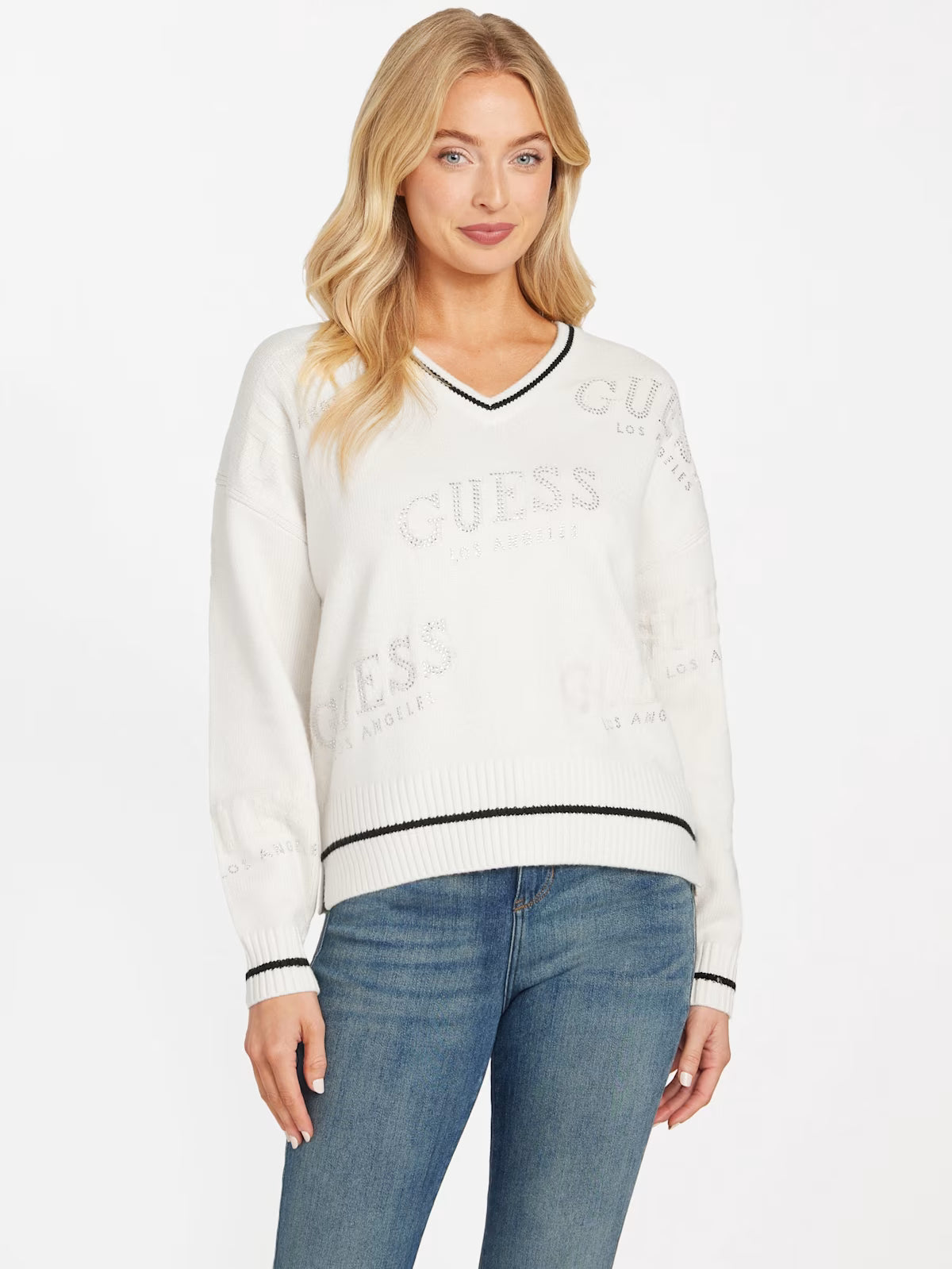 Guess Womens' Dateryn V-Neck Sweater Off-white