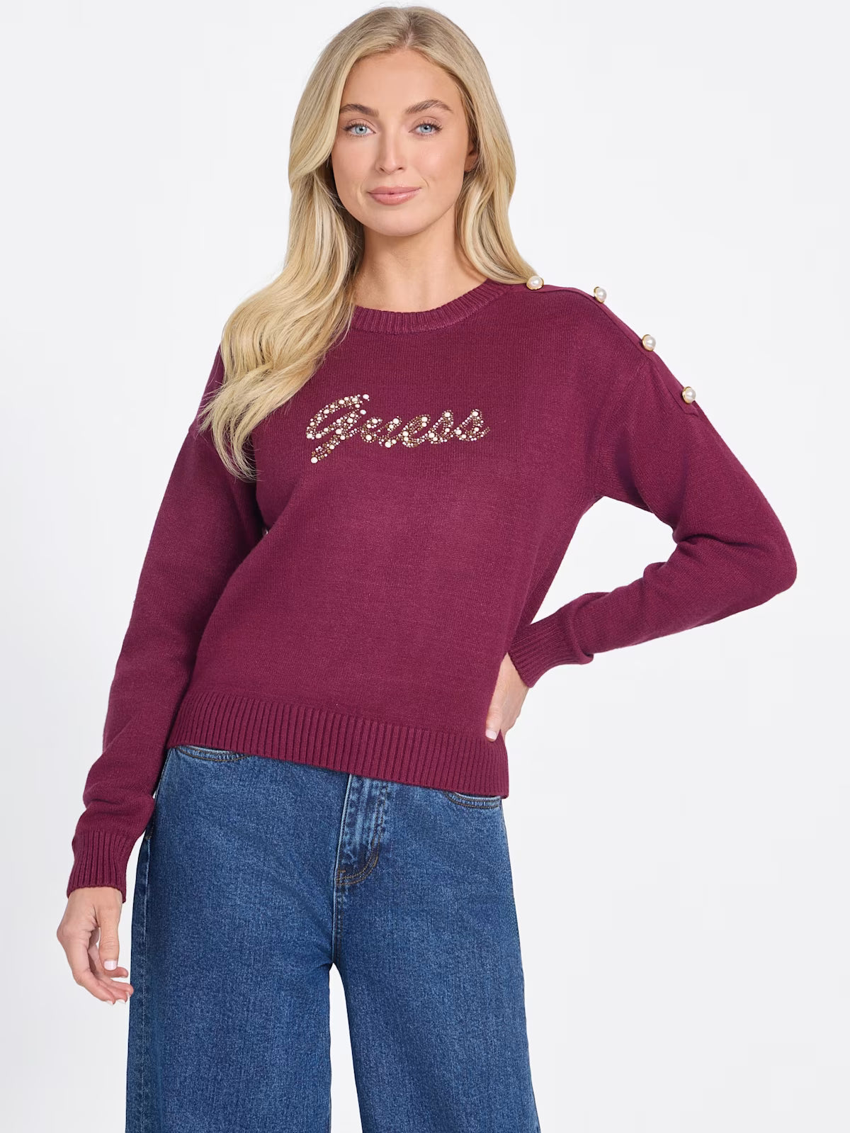 Womens' GUESS Erin Beaded Logo Sweater RED