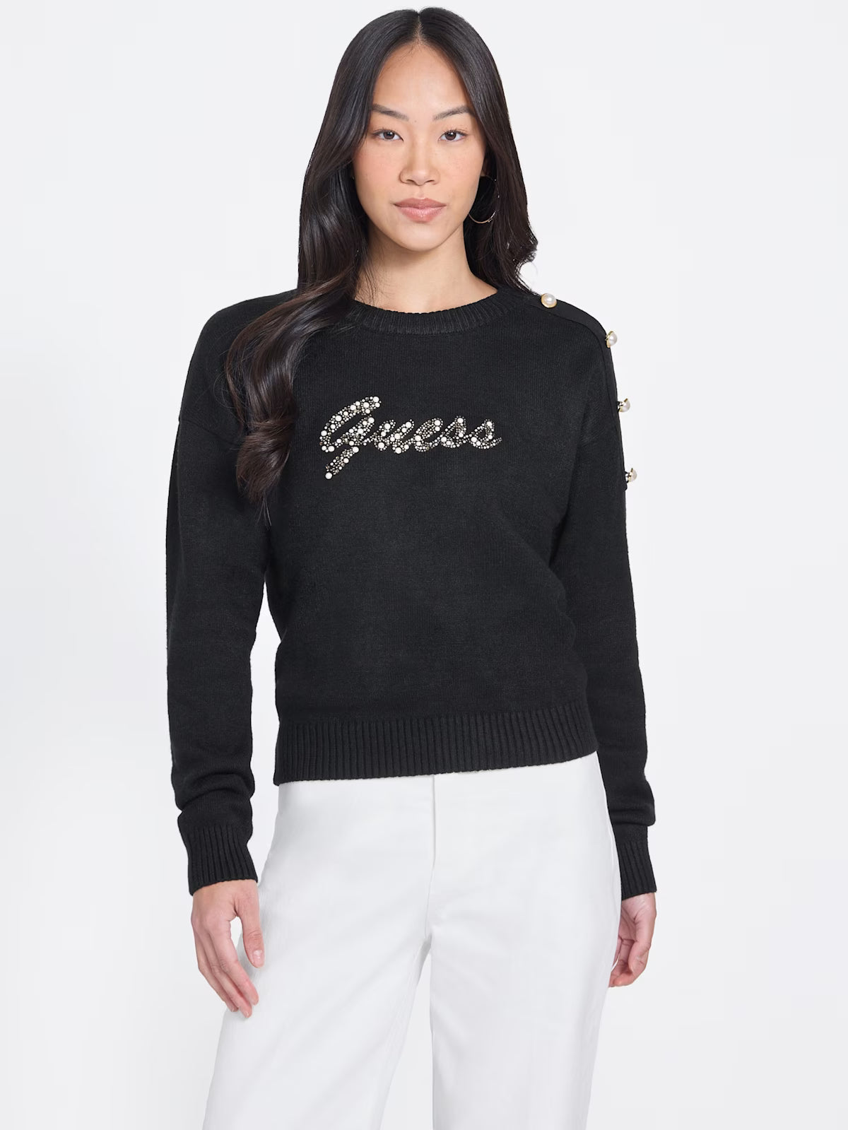 Womens' GUESS Erin Beaded Logo Sweater Black