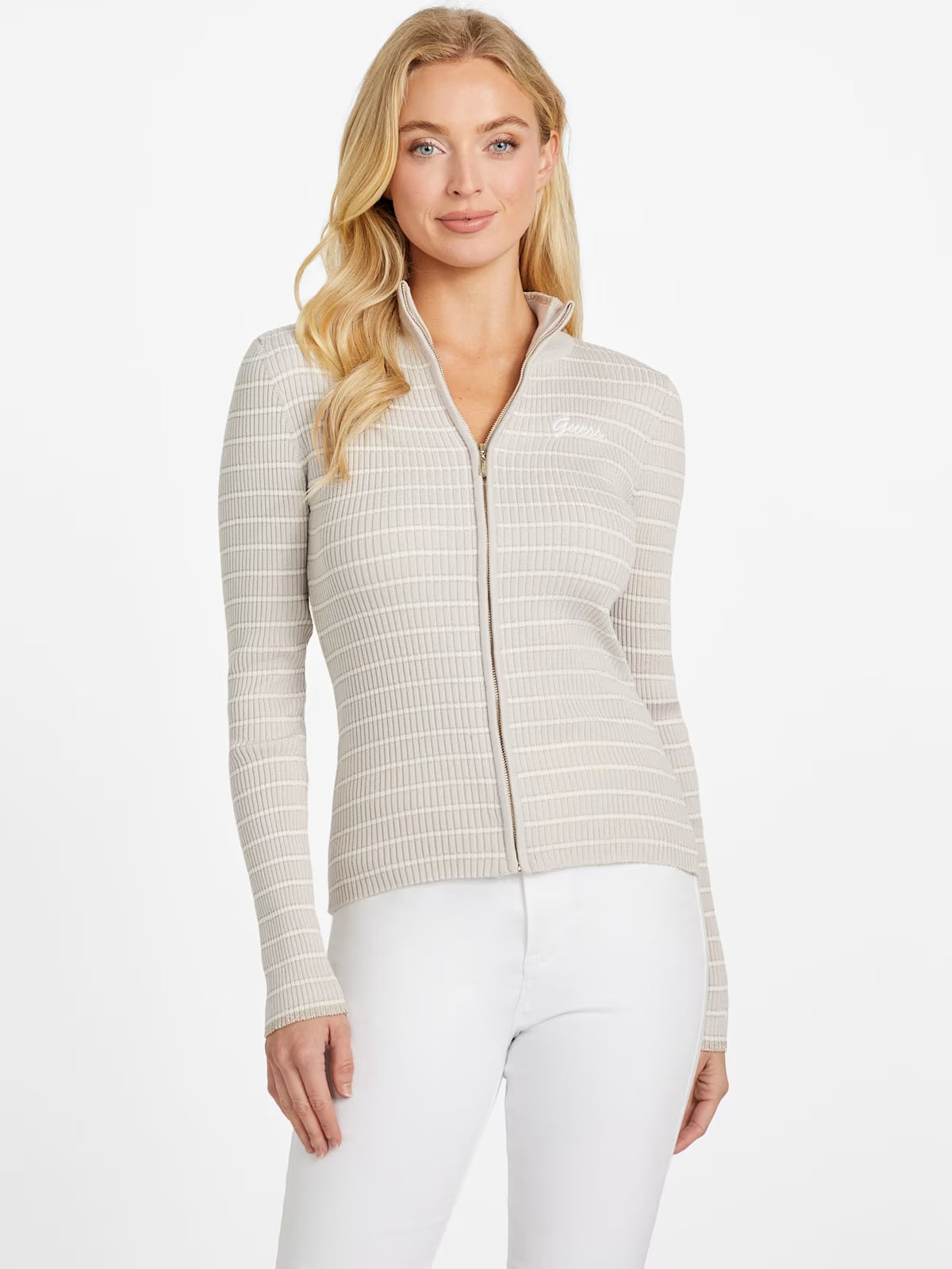 Guess Womens' Zinnia Striped Zip Sweater Beige