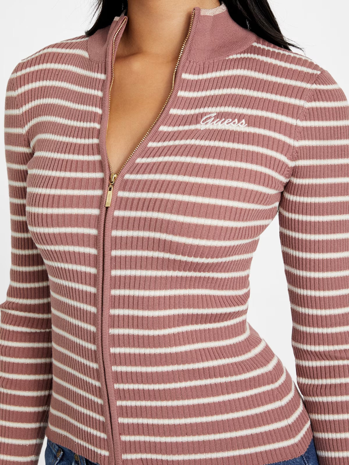 Guess Womens' Zinnia Striped Zip Sweater Pink