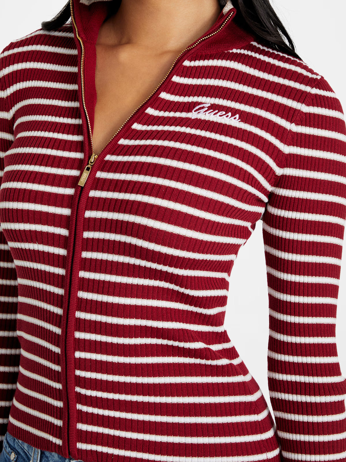 Guess Womens' Zinnia Striped Zip Sweater Red