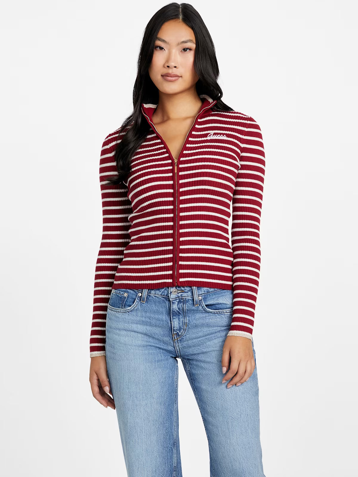 Guess Womens' Zinnia Striped Zip Sweater Red