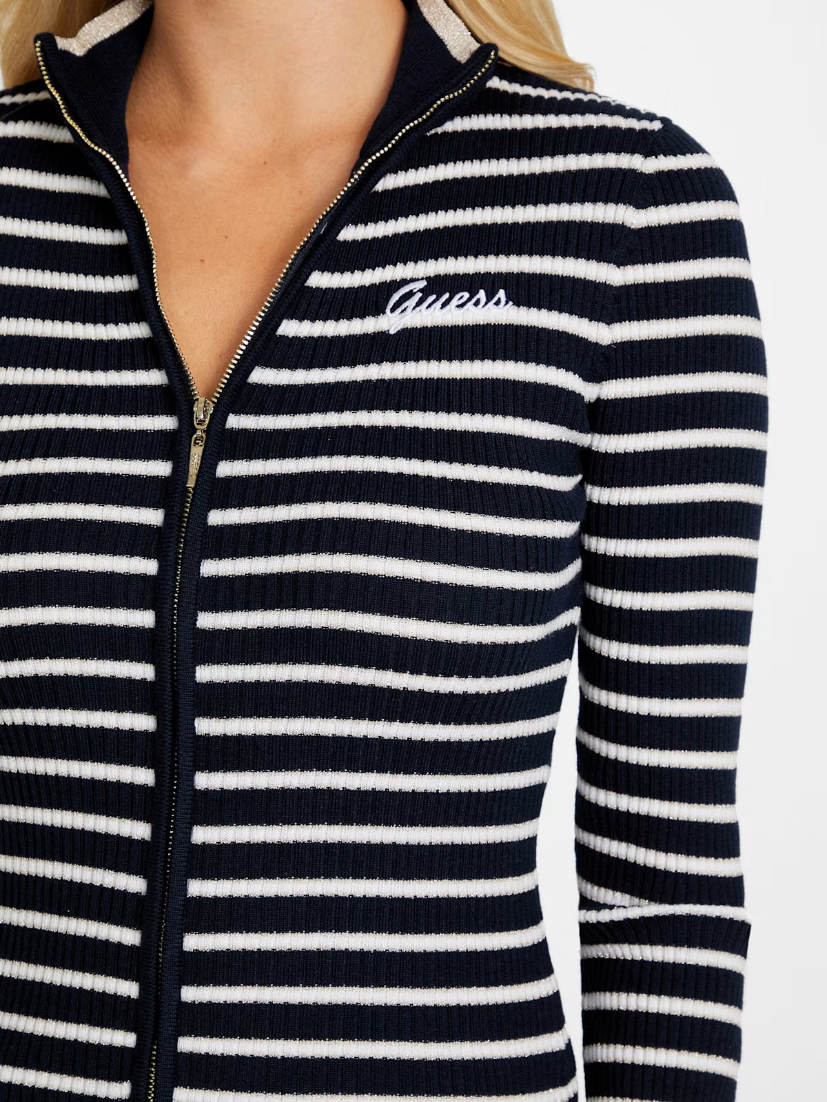 Guess Womens' Zinnia Striped Zip Sweater bLUE