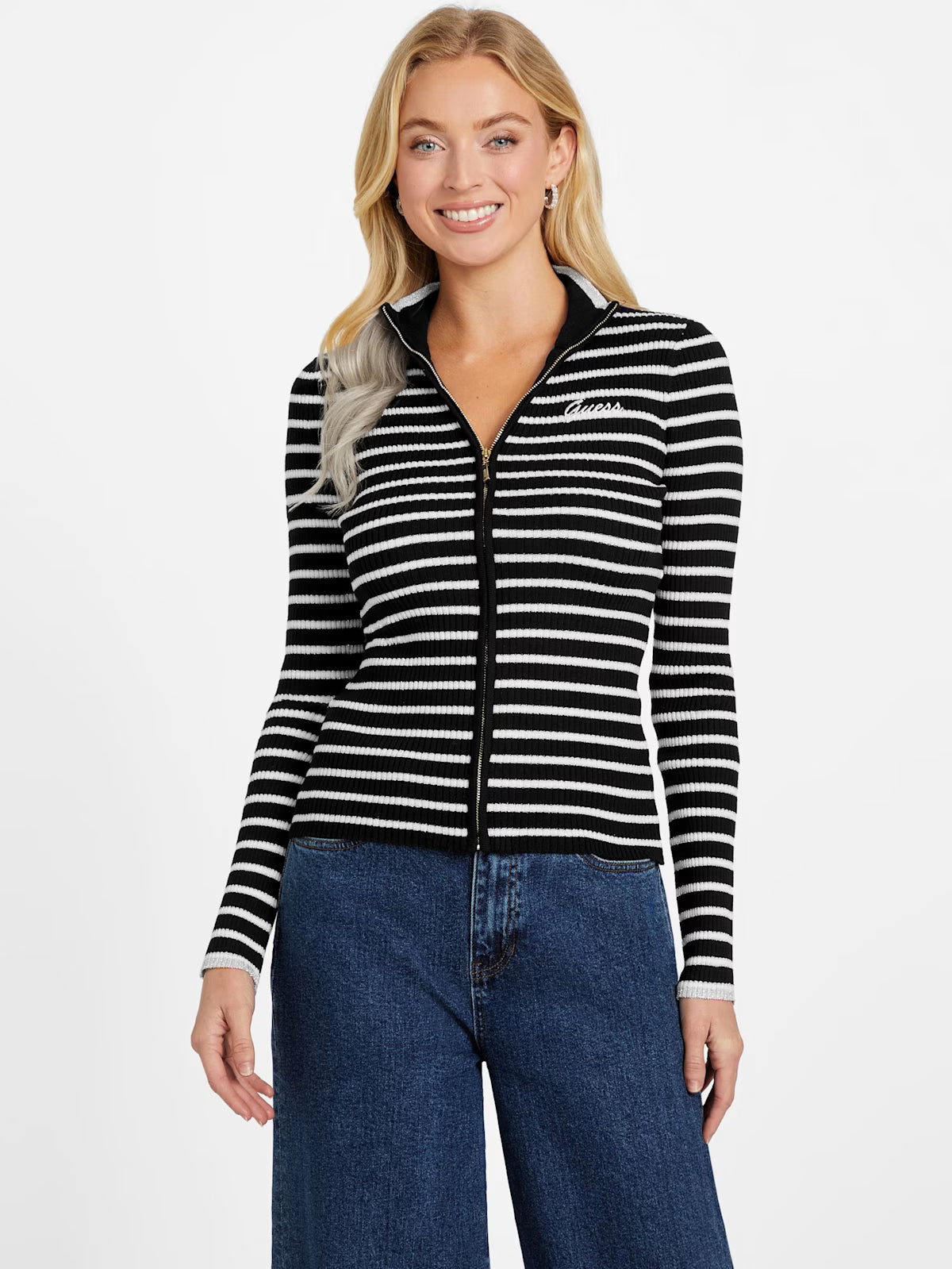 Guess Womens' Zinnia Striped Zip Sweater BLACK