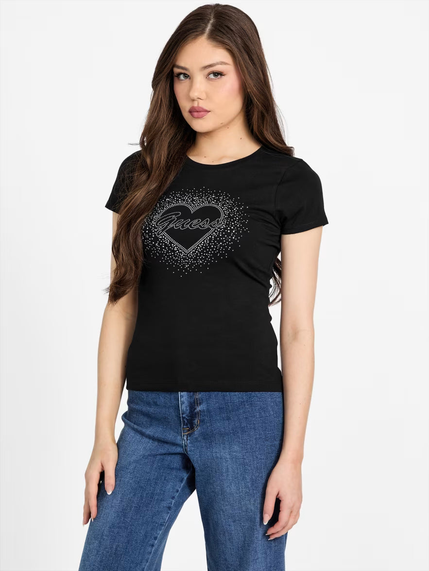 GUESS WOMENS' Eco Didi Heart Logo Tee/ BLACK