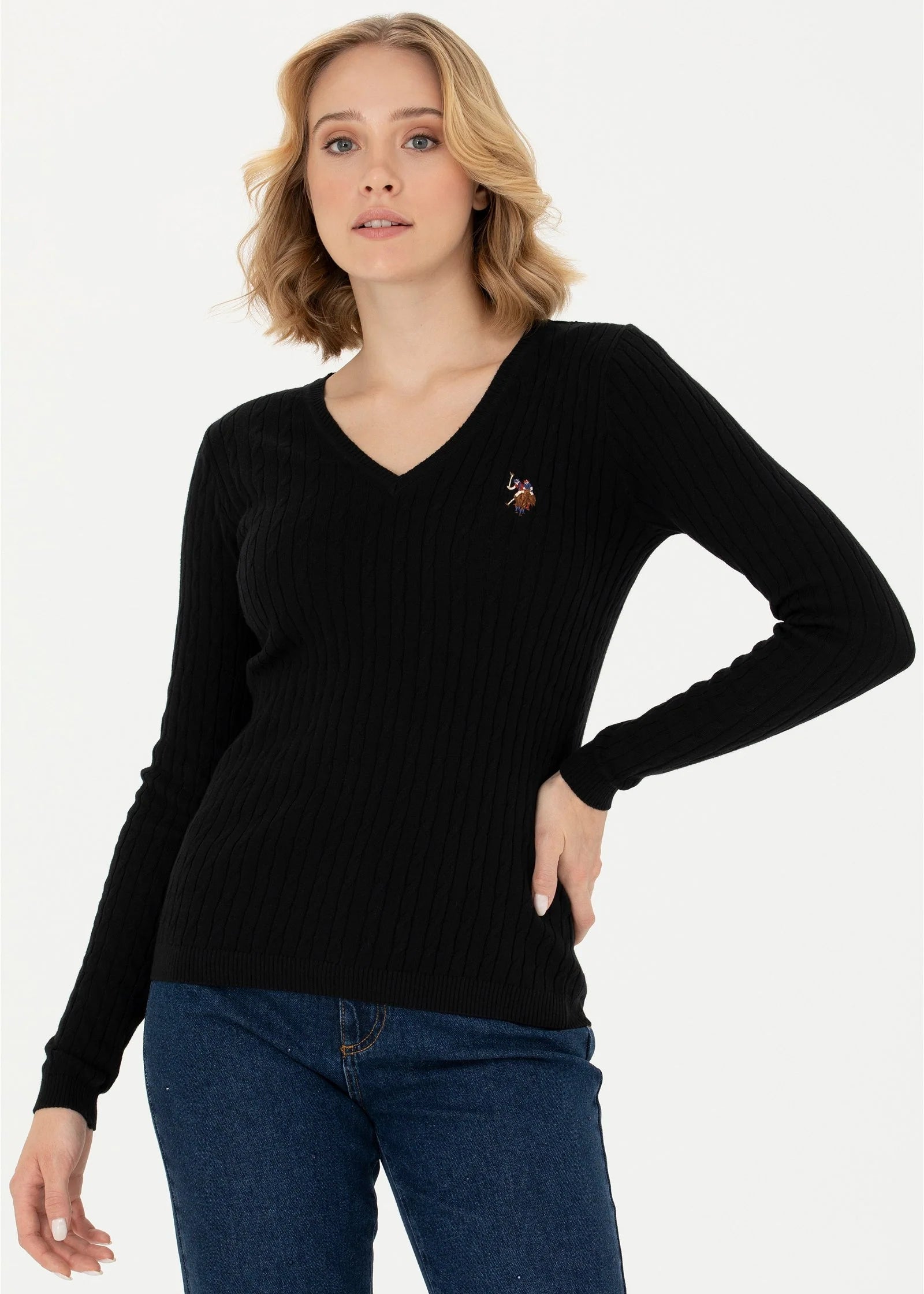 Womens U.S. Polo V-Neck Cable Jumper / Black