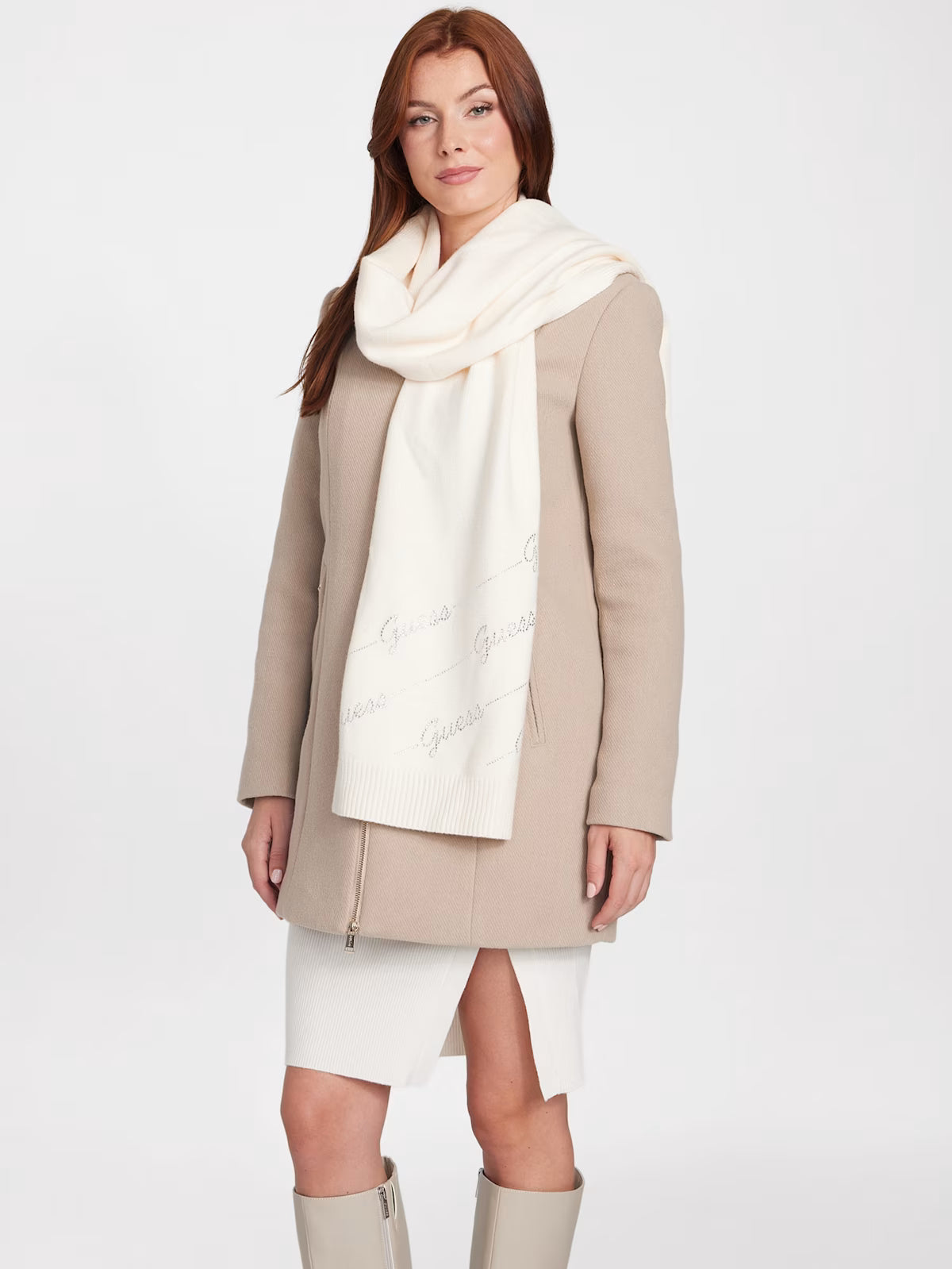 Guess Womens' Scarf Rhinestone Logo Scarf Off-white