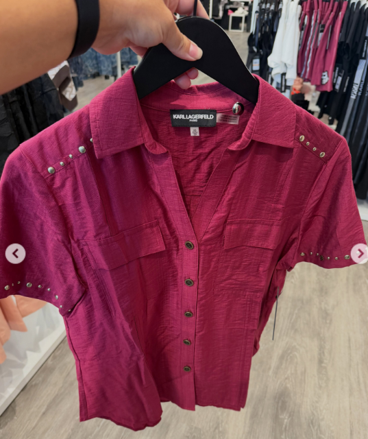 Karl Lagerfeld Paris Women's Studded Short-Sleeve Shirt-Red