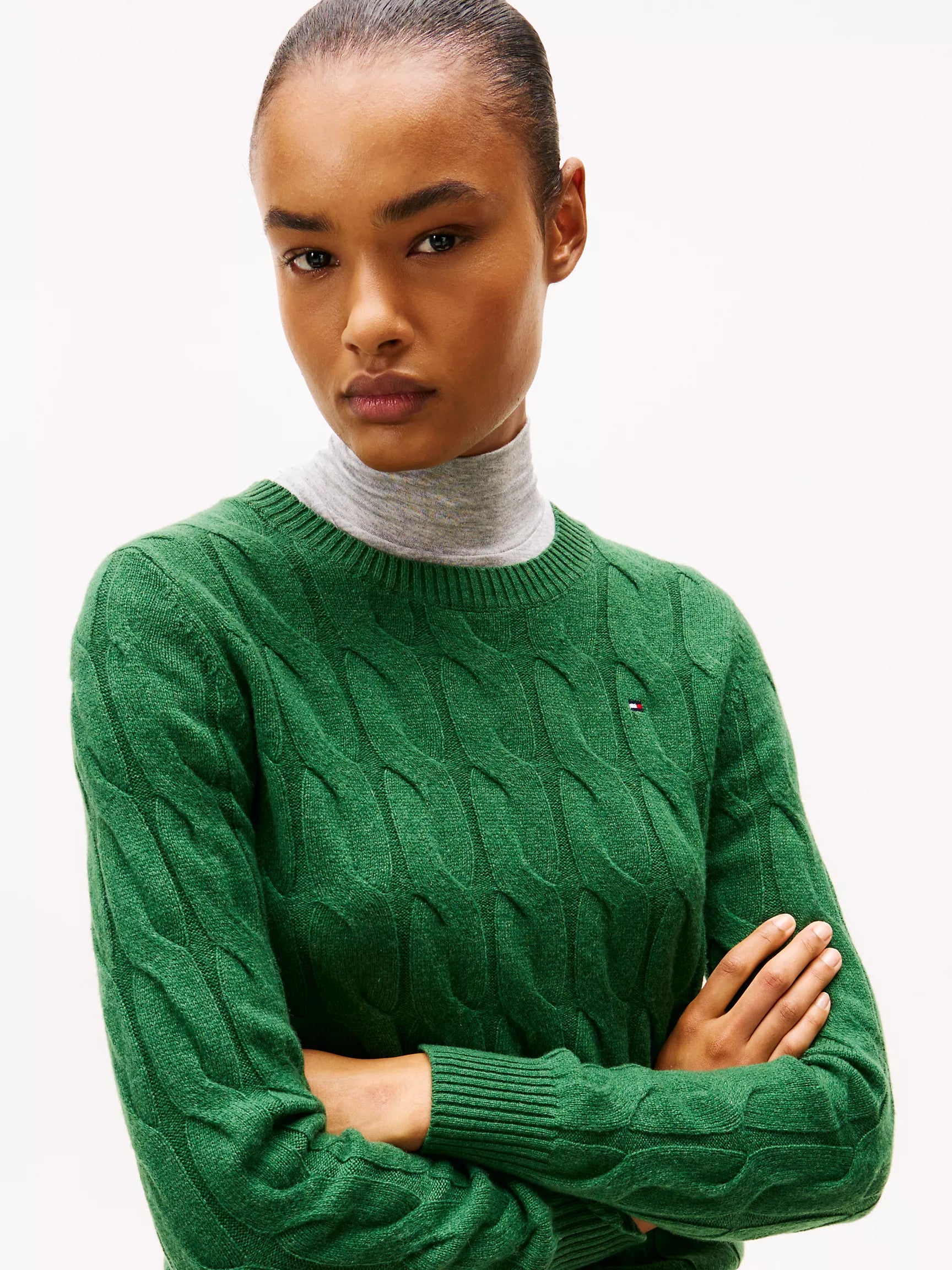 Womens' TOMMY Wool Cable Knit Sweater Deep Evergreen