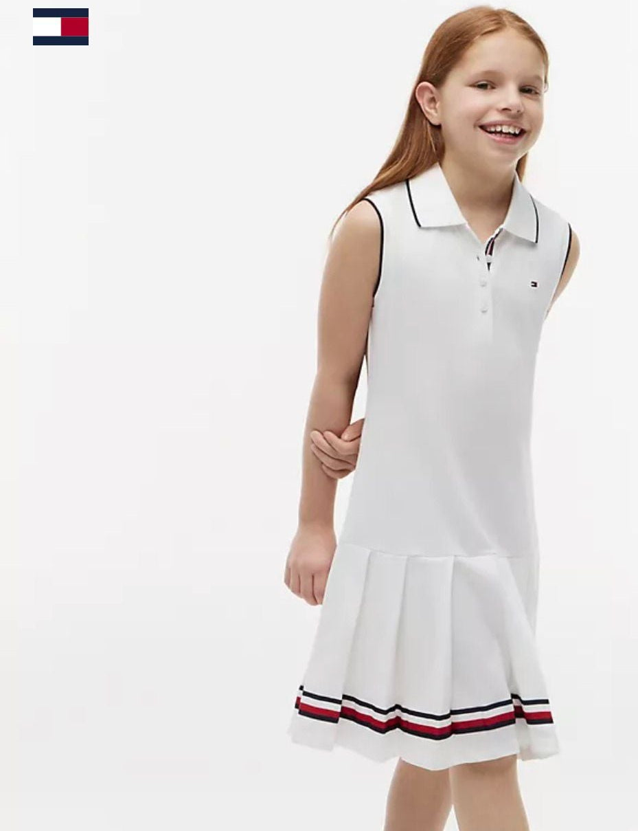 Kids' Sleeveless Pleated Polo Dress-White