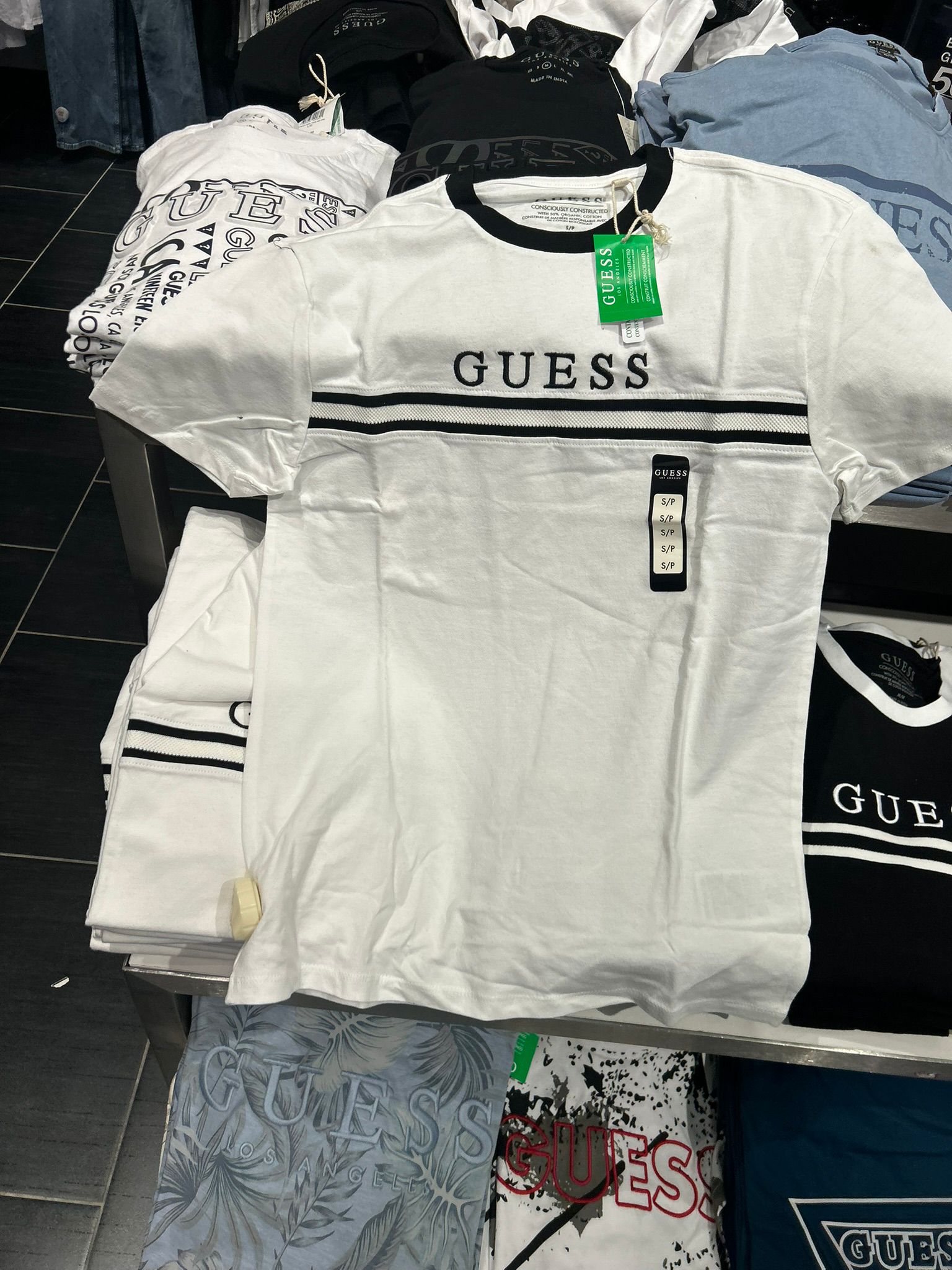 GUESS black collar and horizontal black stripes  Graphic T-Shirt-White