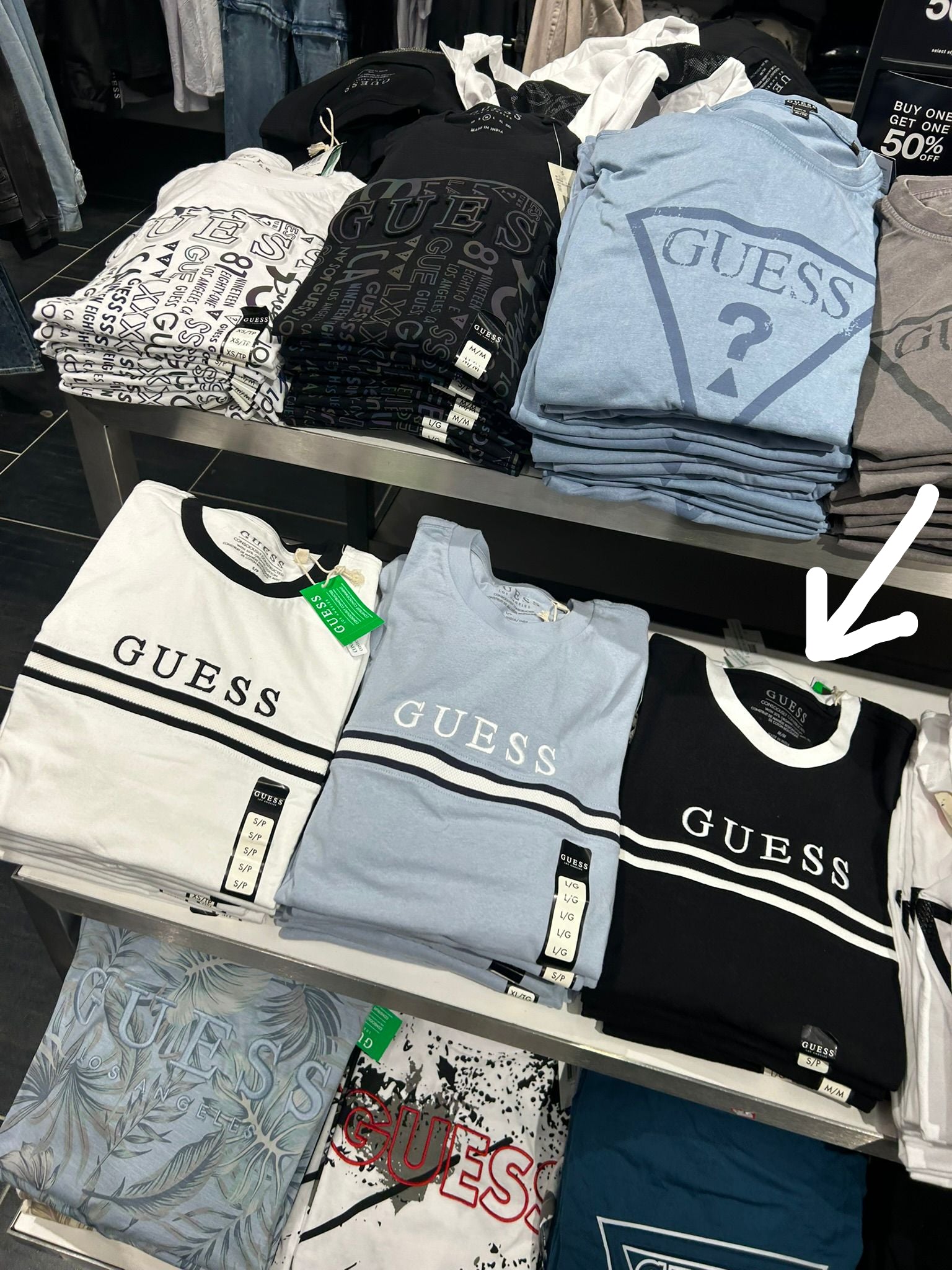 GUESS white collar and horizontal white stripes  Graphic T-Shirt-Black