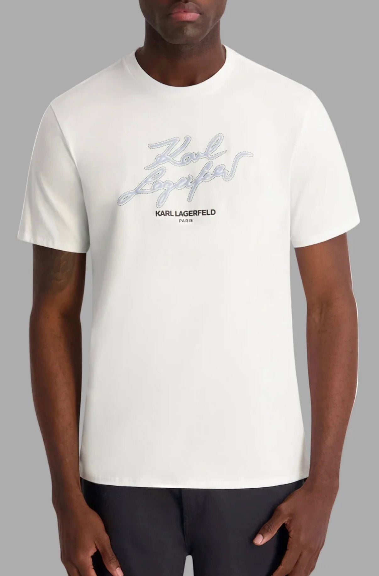 KARL LAGERFELD FAUX EMBROIDERED SIGNATURE TEE-White