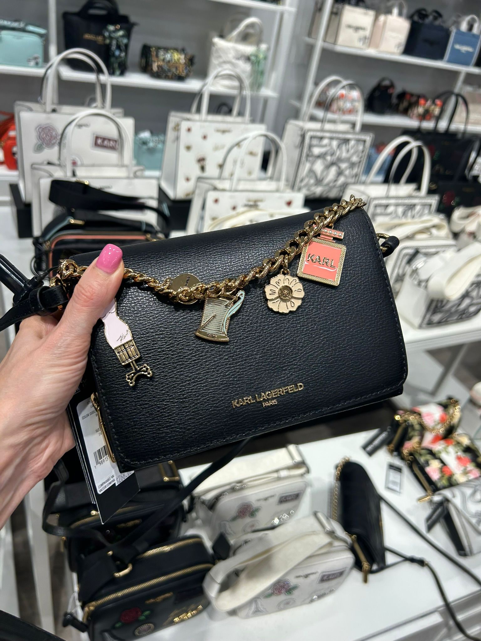 KARL LAGERFELD LOURDES CROSSBODY WITH FASHION CHAIN-Black/Gold