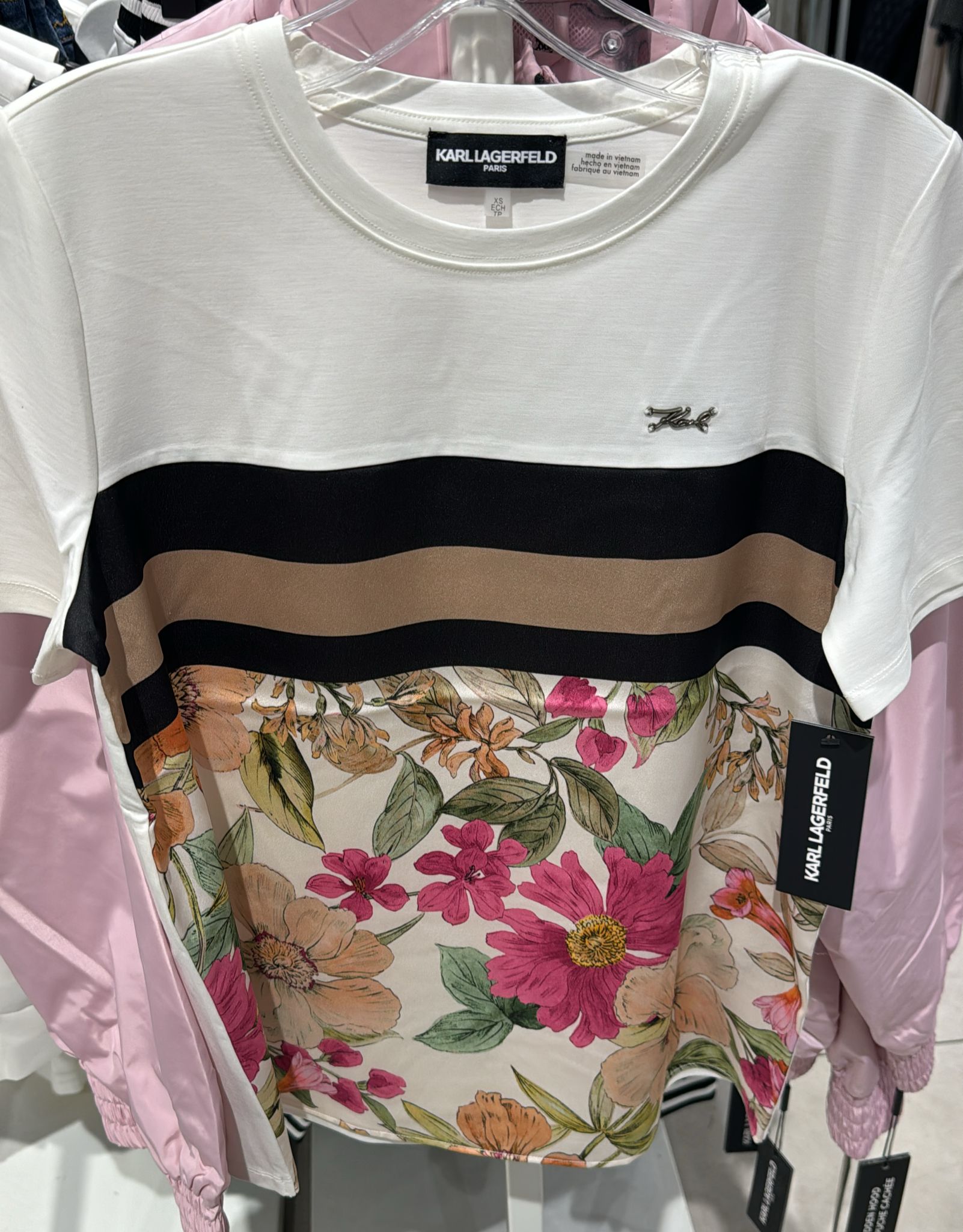 Karl Lagerfeld Floral Mixed Media Colorblock T-Shirt-Soft White