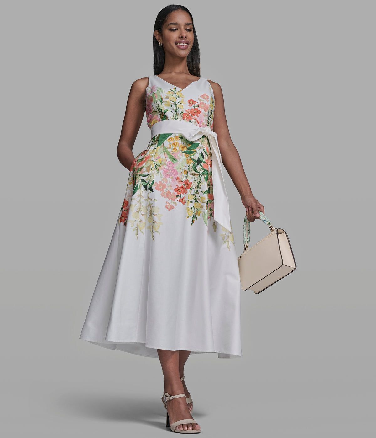 KARL LAGERFELD STRETCH-COTTON FLORAL MIDI DRESS-Soft White Multi