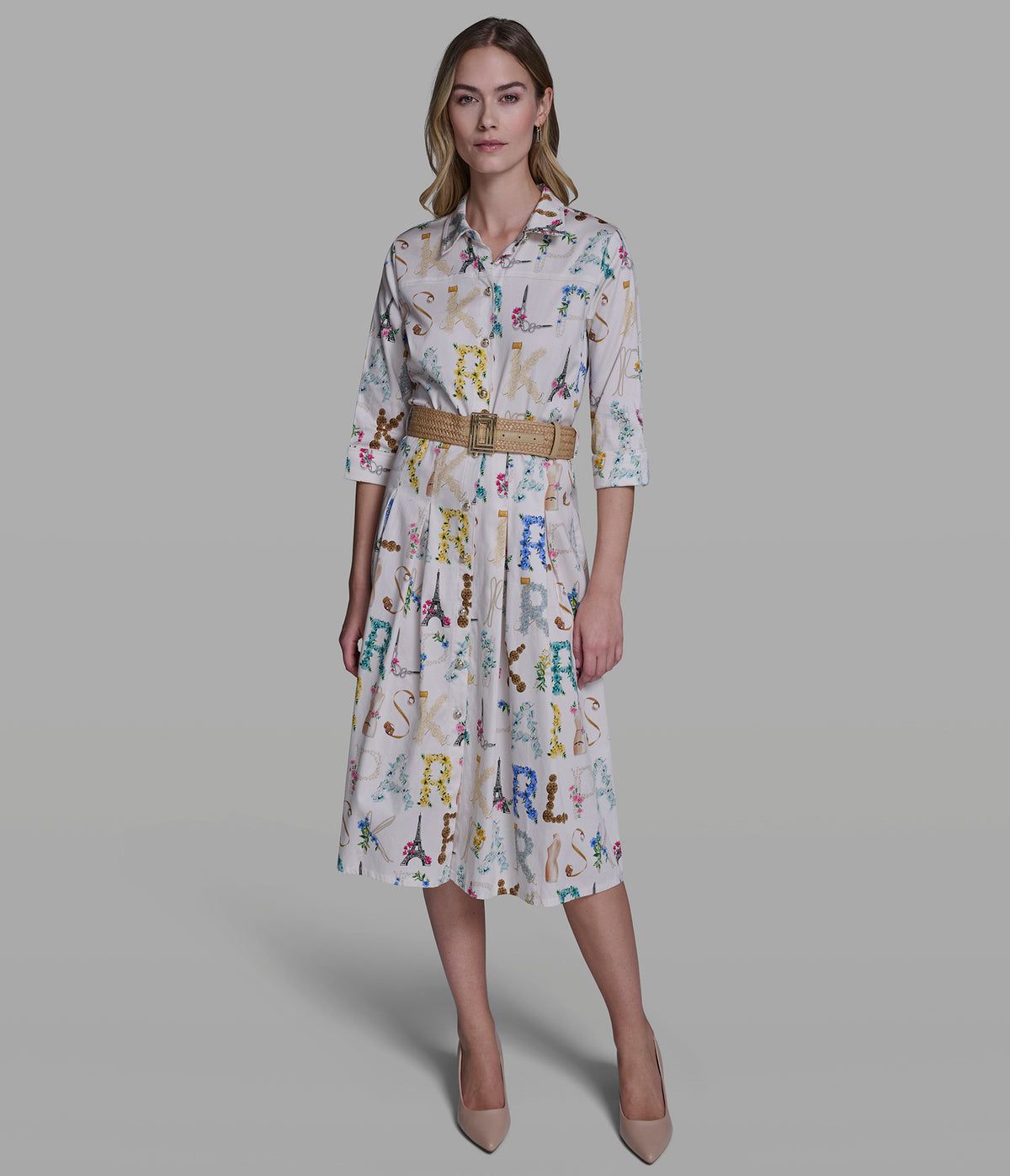 KARL LAGERFELD STRETCH-COTTON PRINTED PLEATED MIDI SHIRT DRESS -Bisque
