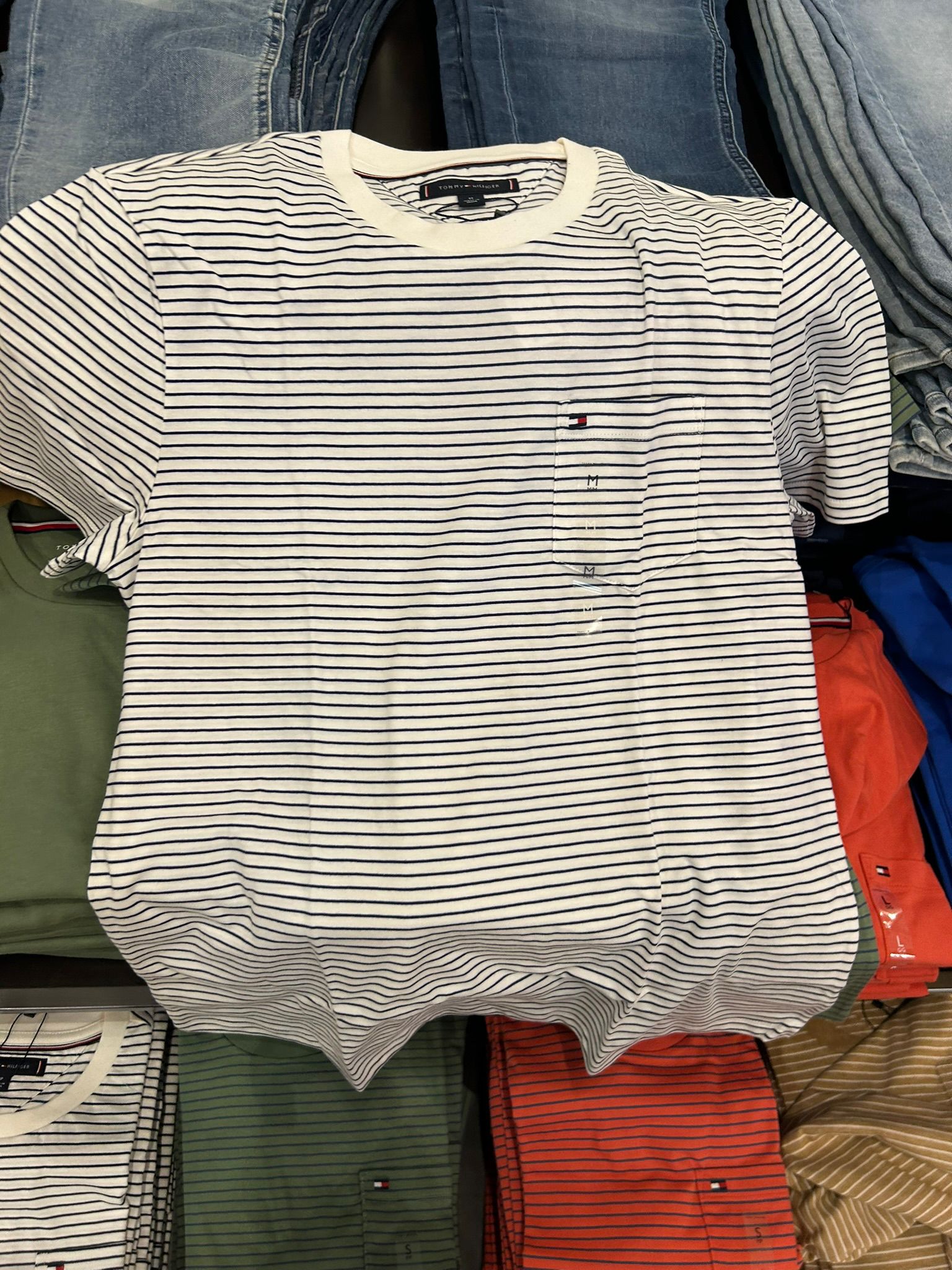 Tommy Hilfiger Men's Striped Pocket T-Shirt-Ivory Silk Stripe