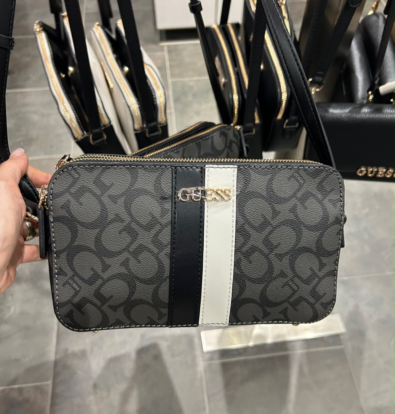 Guess Women's Coal Printed Sling Handbag-Black/White