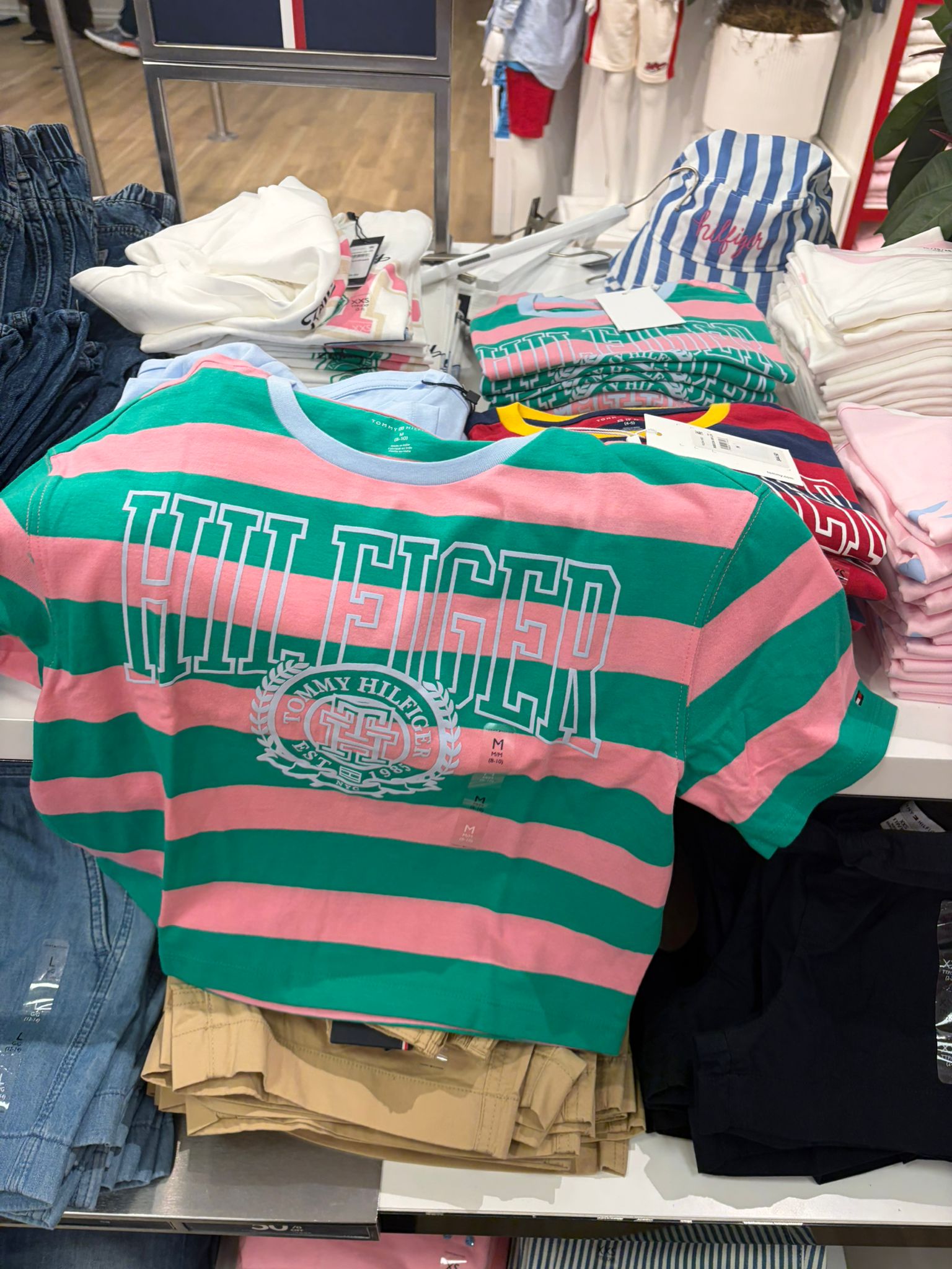 Tommy Hilfiger Girls' Logo Jersey Crew Neck T-Shirt-Green/Pink