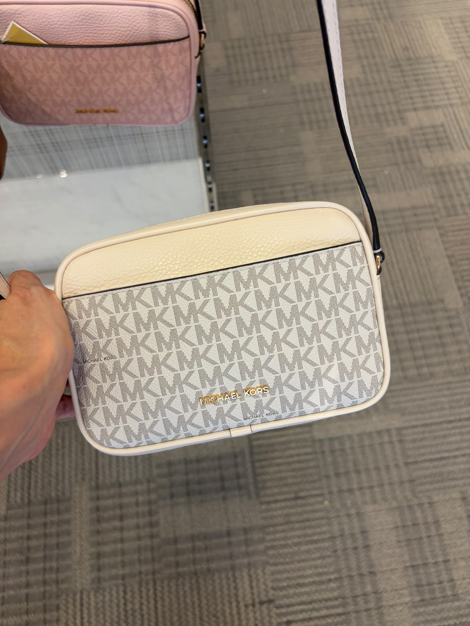 Michael Kors Women's Jet Set Small Signature Logo Camera Crossbody Bag-Light Beige