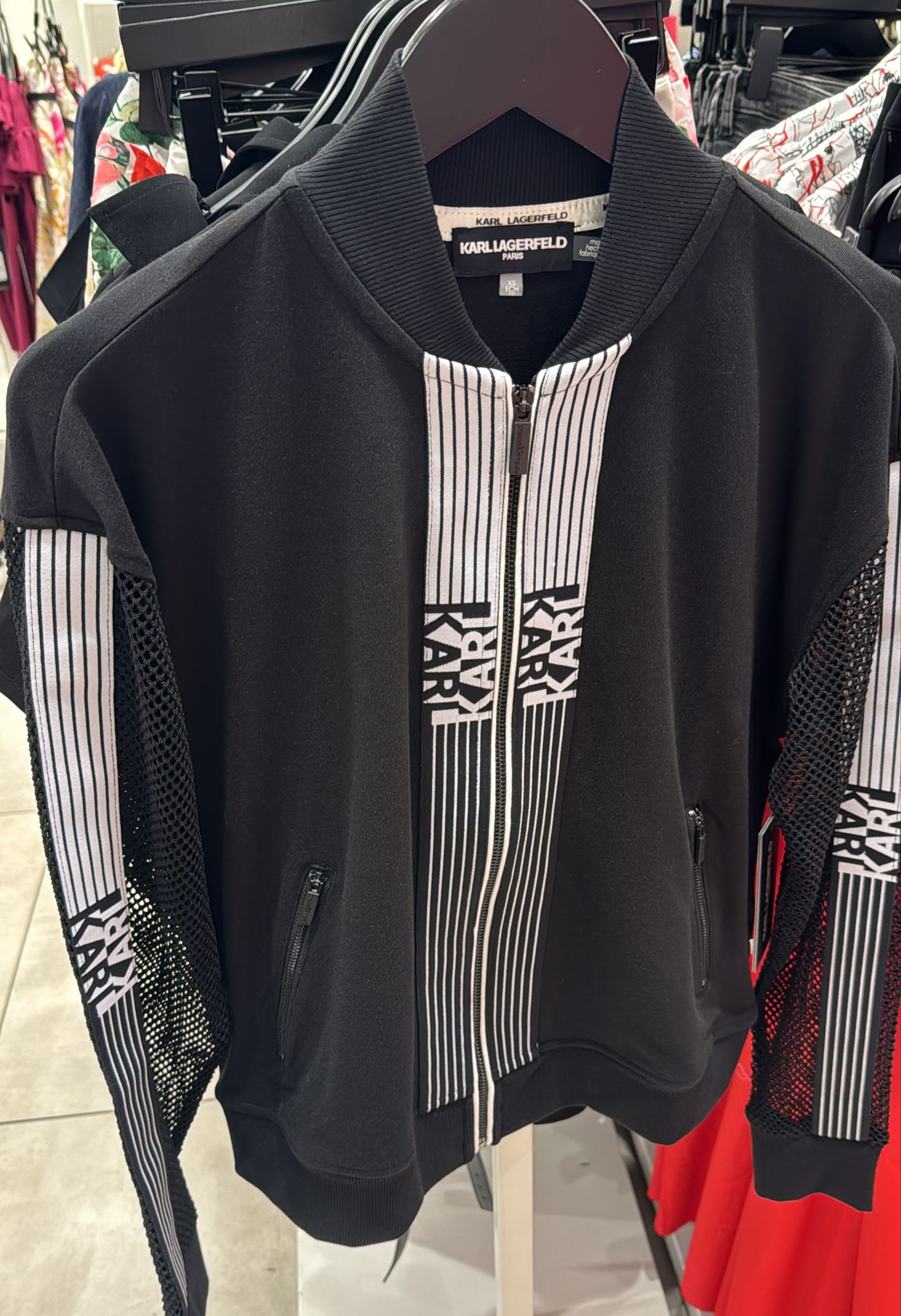 KARL LAGERFELD WOMEN'S LOGO STRIPE MESH TRACK JACKET-Black