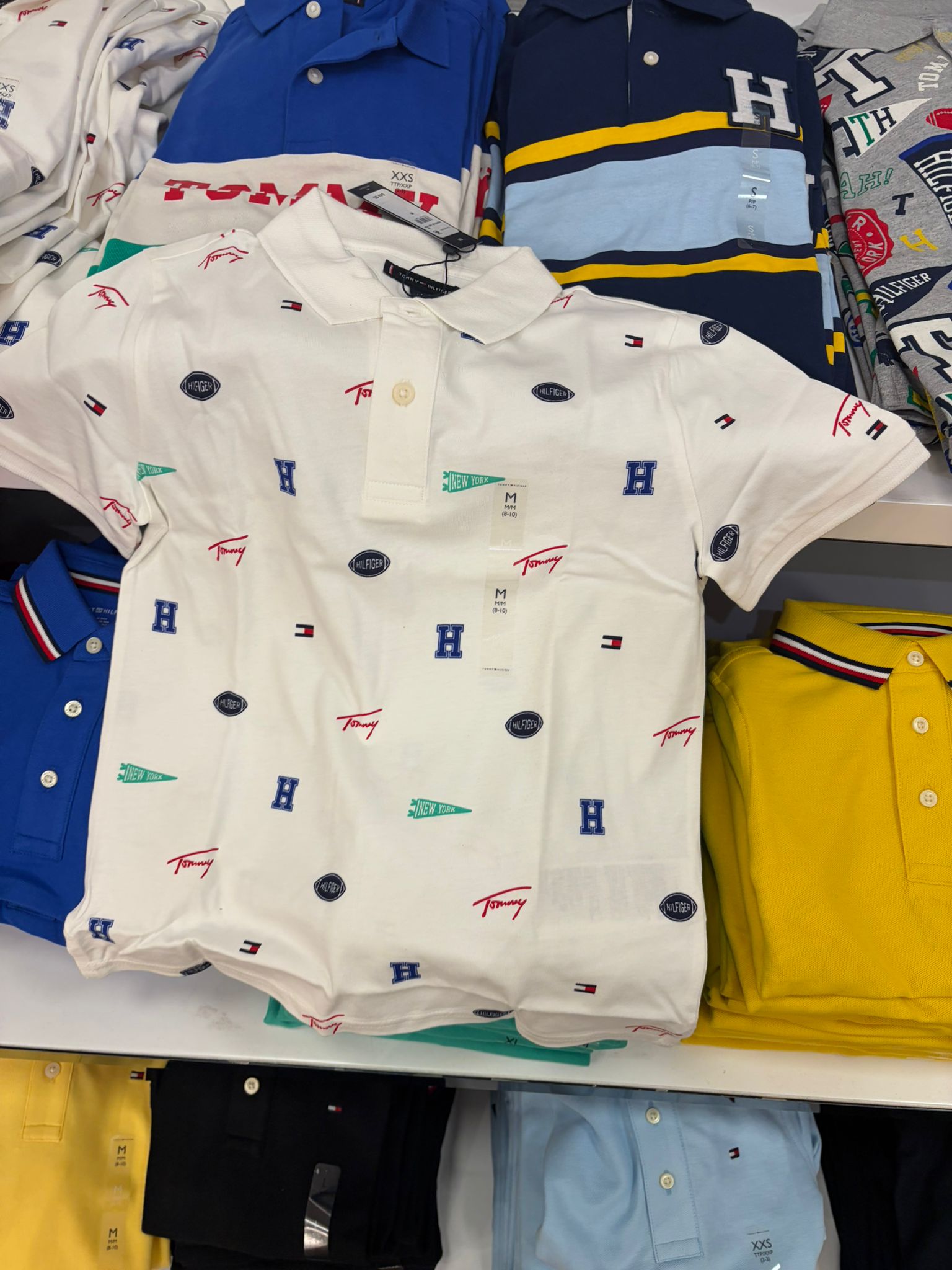 Boys' Tommy  All Over Flag Embroidered Polo Shirt -White