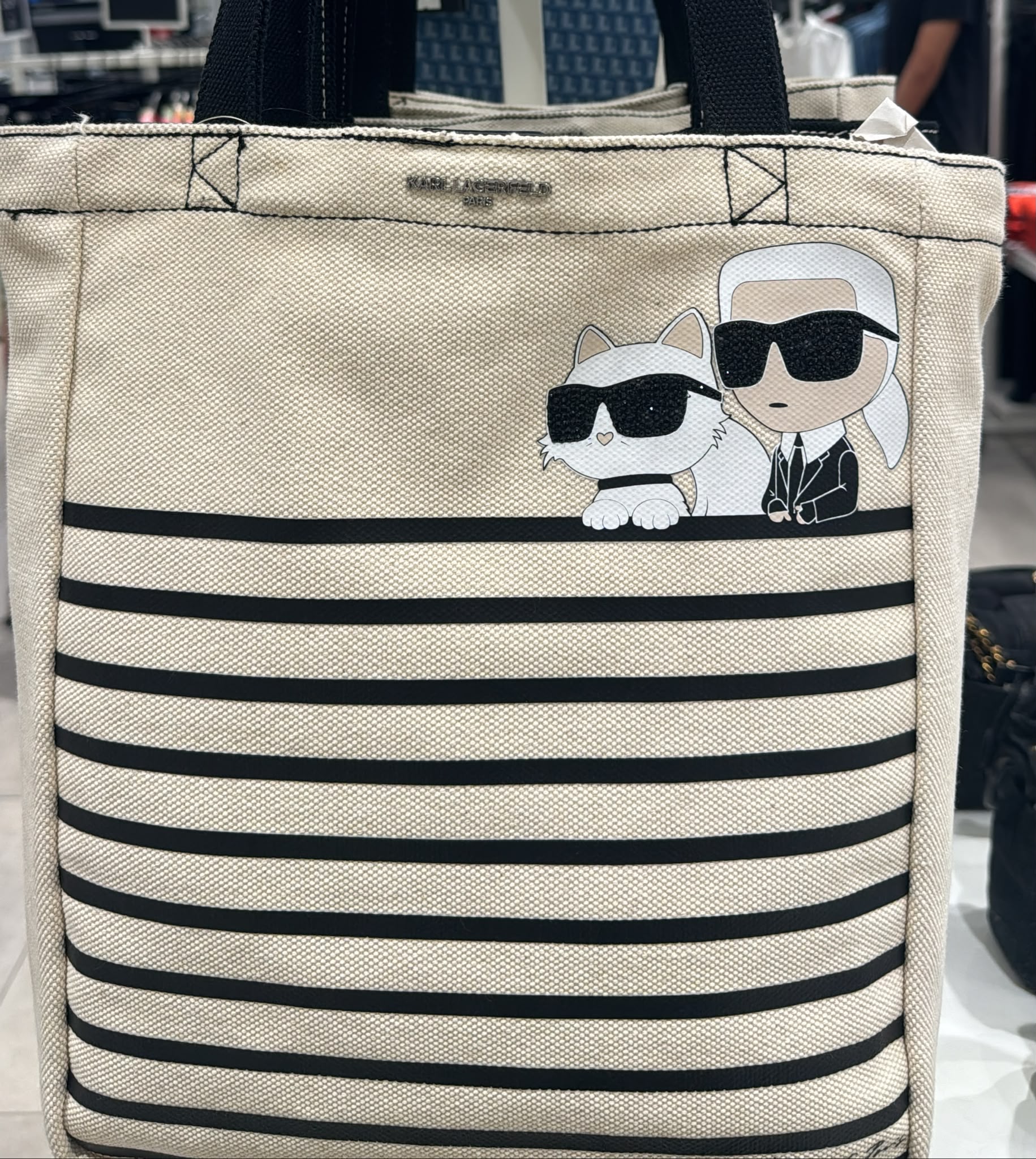 WOMEN'S CANNES KARL & CHOUPETTE STRIPED TOTE-Natural/Black