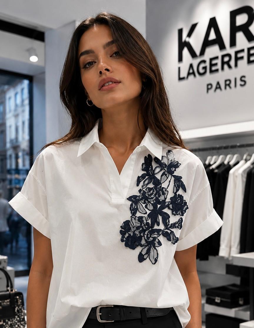 KARL LAGERFELD SHORT SLEEVE FLORAL POPLIN SHIRT-Soft White