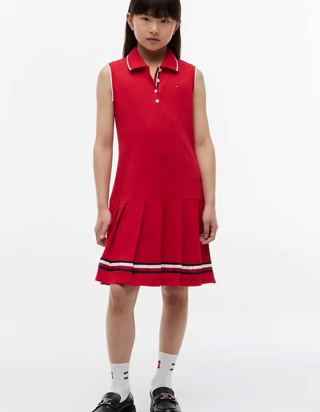 Kids' Sleeveless Pleated Polo Dress-Primary Red