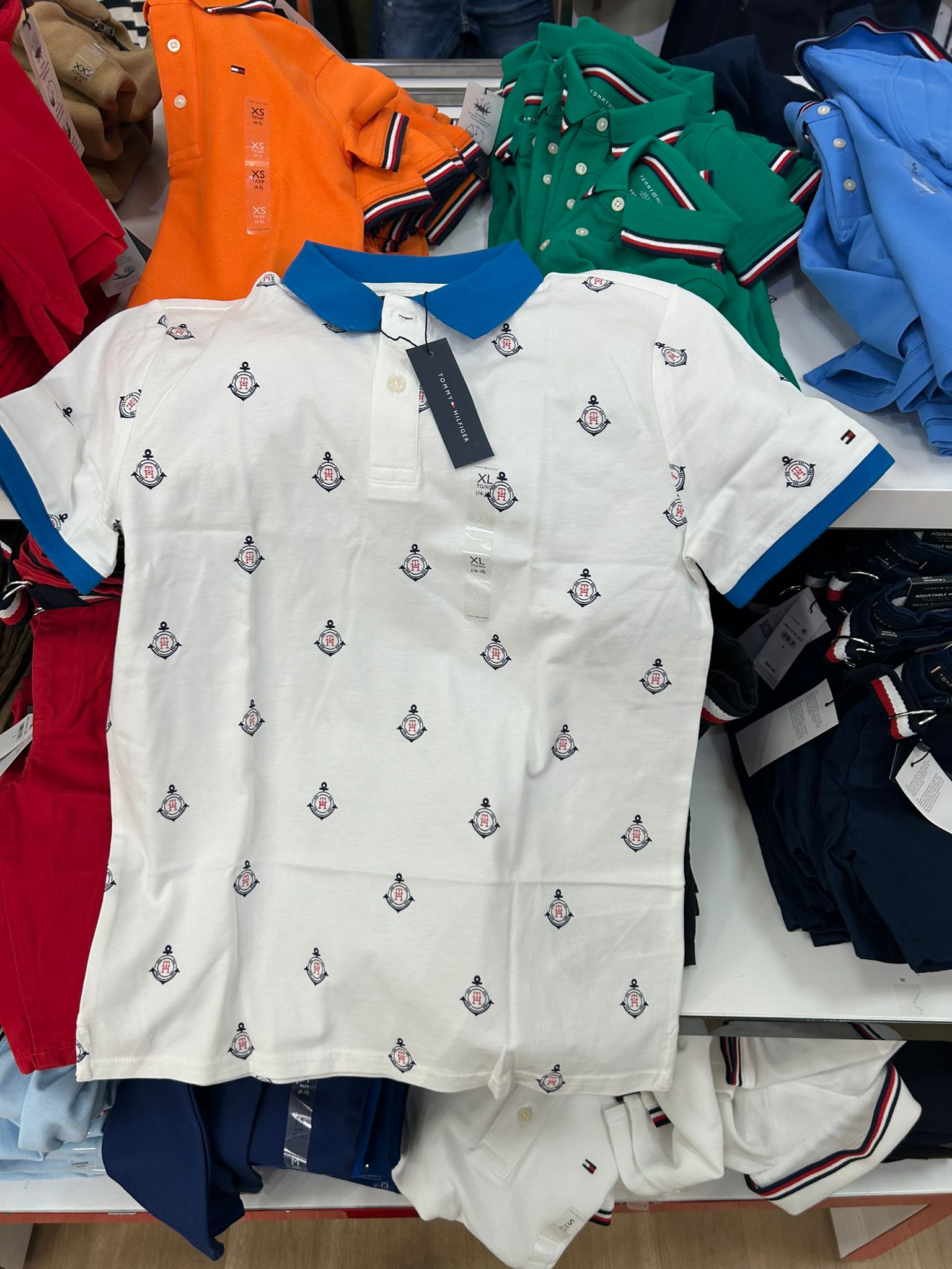 Tommy Hilfiger Kids' Allover Nautical Logo Stretch Polo-Optic White
