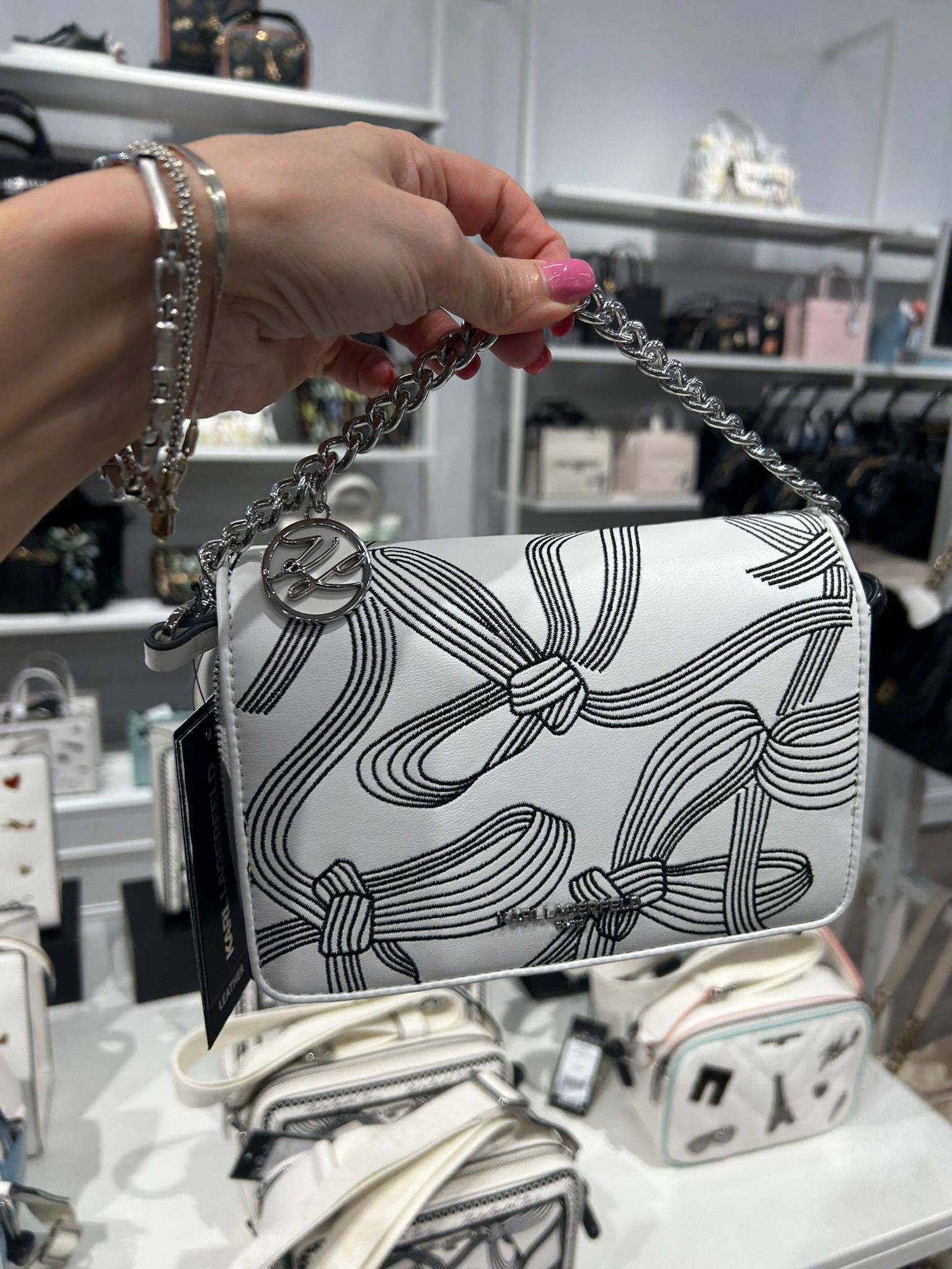 KARL LAGERFELD LOURDES CROSSBODY WITH BOWS-White/Black Prints