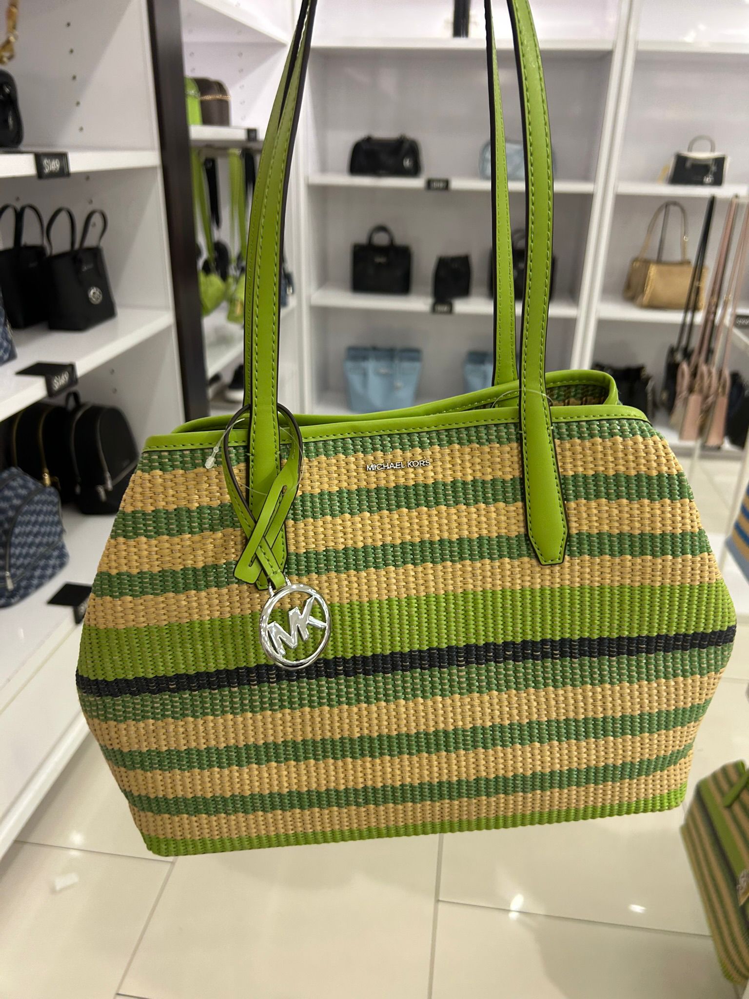 Michael Kors Women's Avalon Medium Striped Woven Tote Bag-Lime