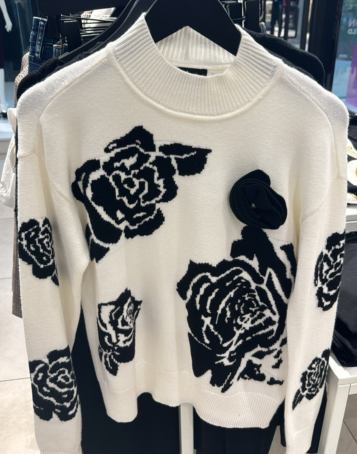 Karl Lagerfeld 3D ROSE  MOCK NECK SWEATER- White