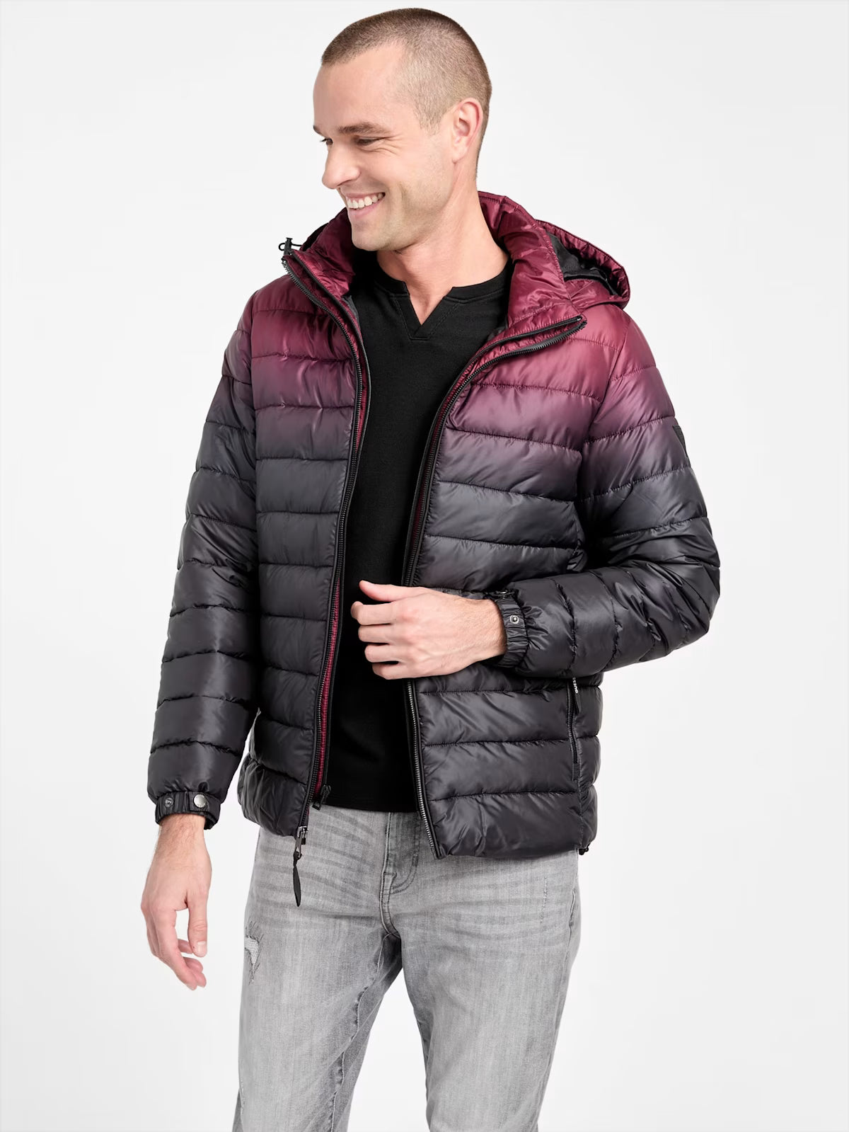 GUESS Mens' Harrison Ombre Puffer Jacket Red