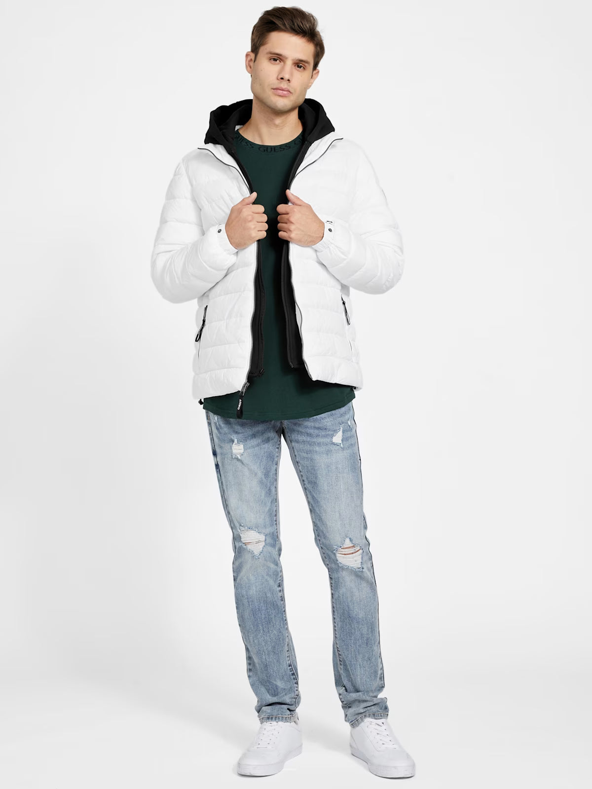 GUESS Mens' Harrison Hooded Quilted Jacket White