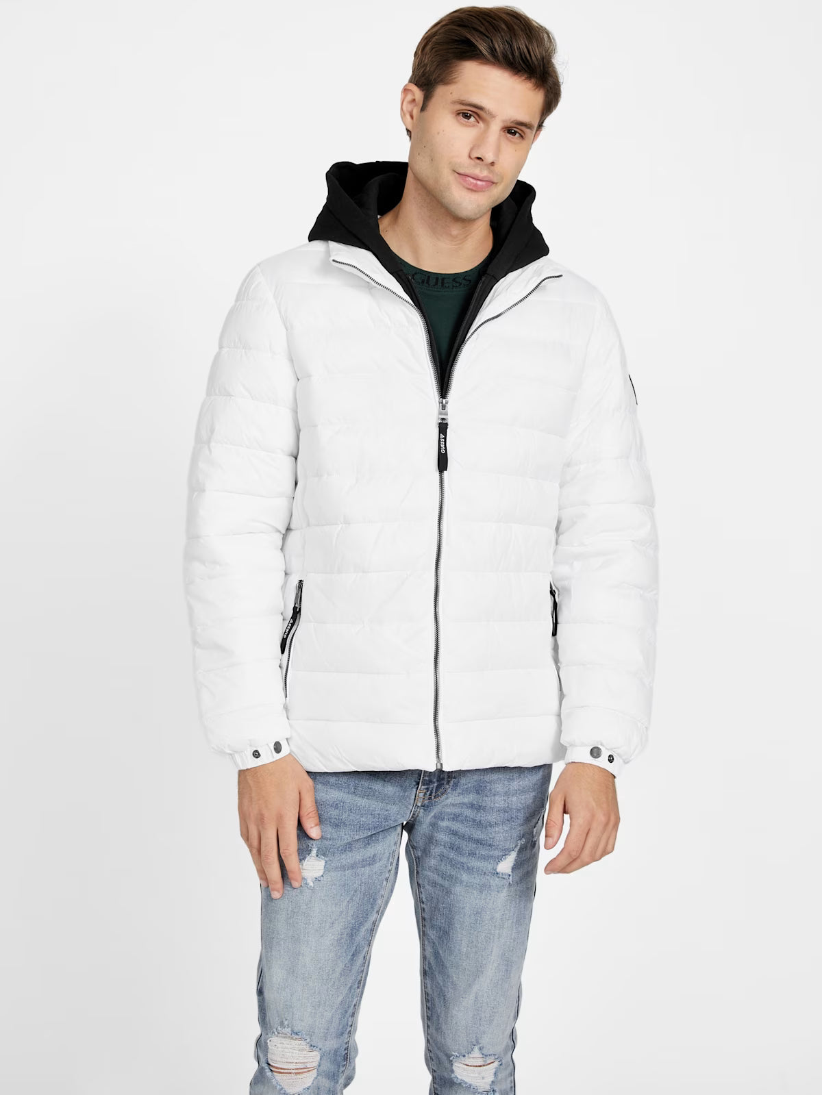 GUESS Mens' Harrison Hooded Quilted Jacket White