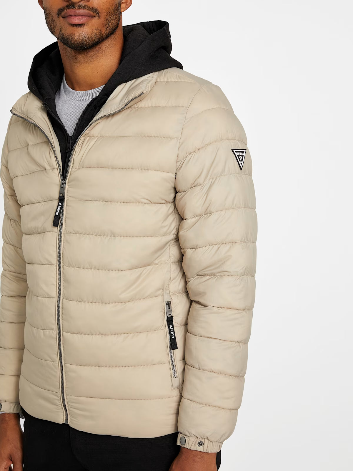 GUESS Mens' Harrison Hooded Quilted Jacket Light Beige