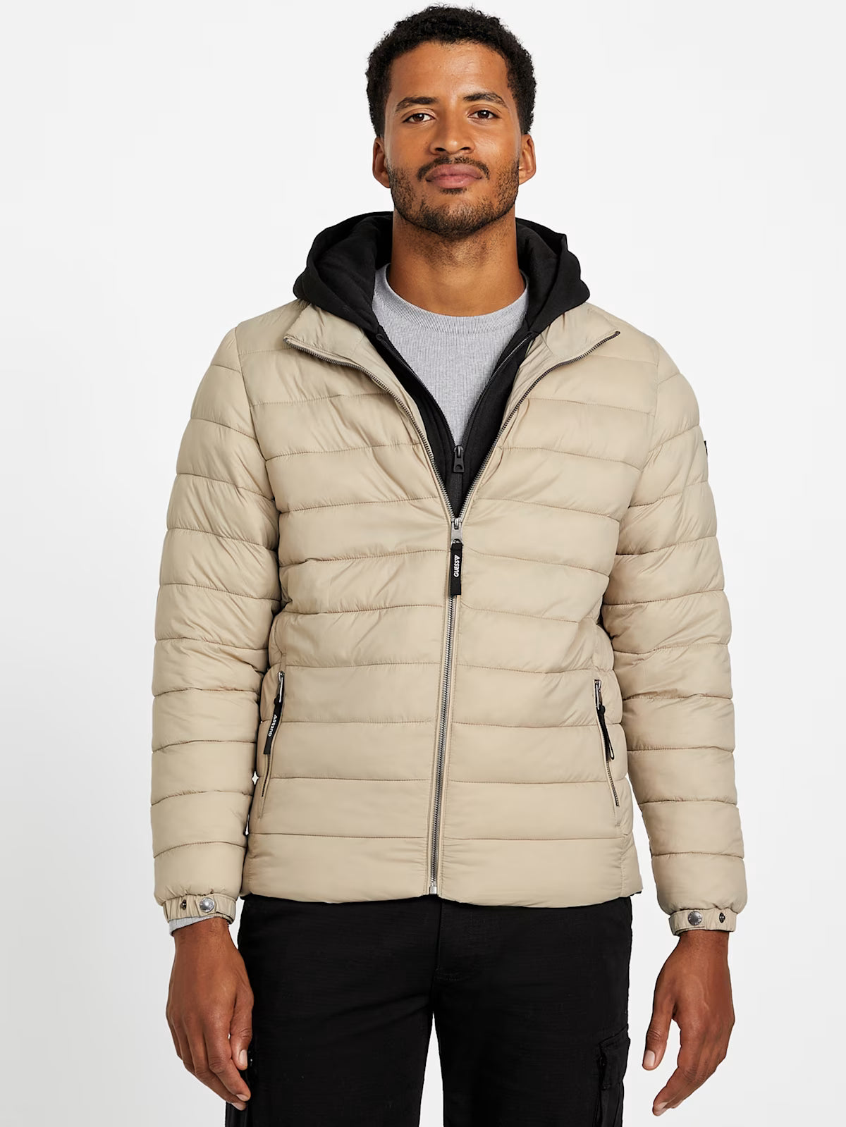 GUESS Mens' Harrison Hooded Quilted Jacket Light Beige