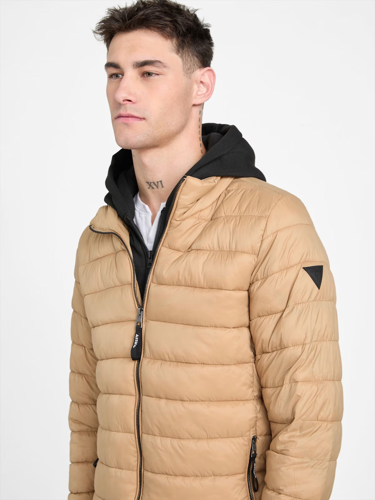 GUESS Mens' Harrison Hooded Quilted Jacket Beige
