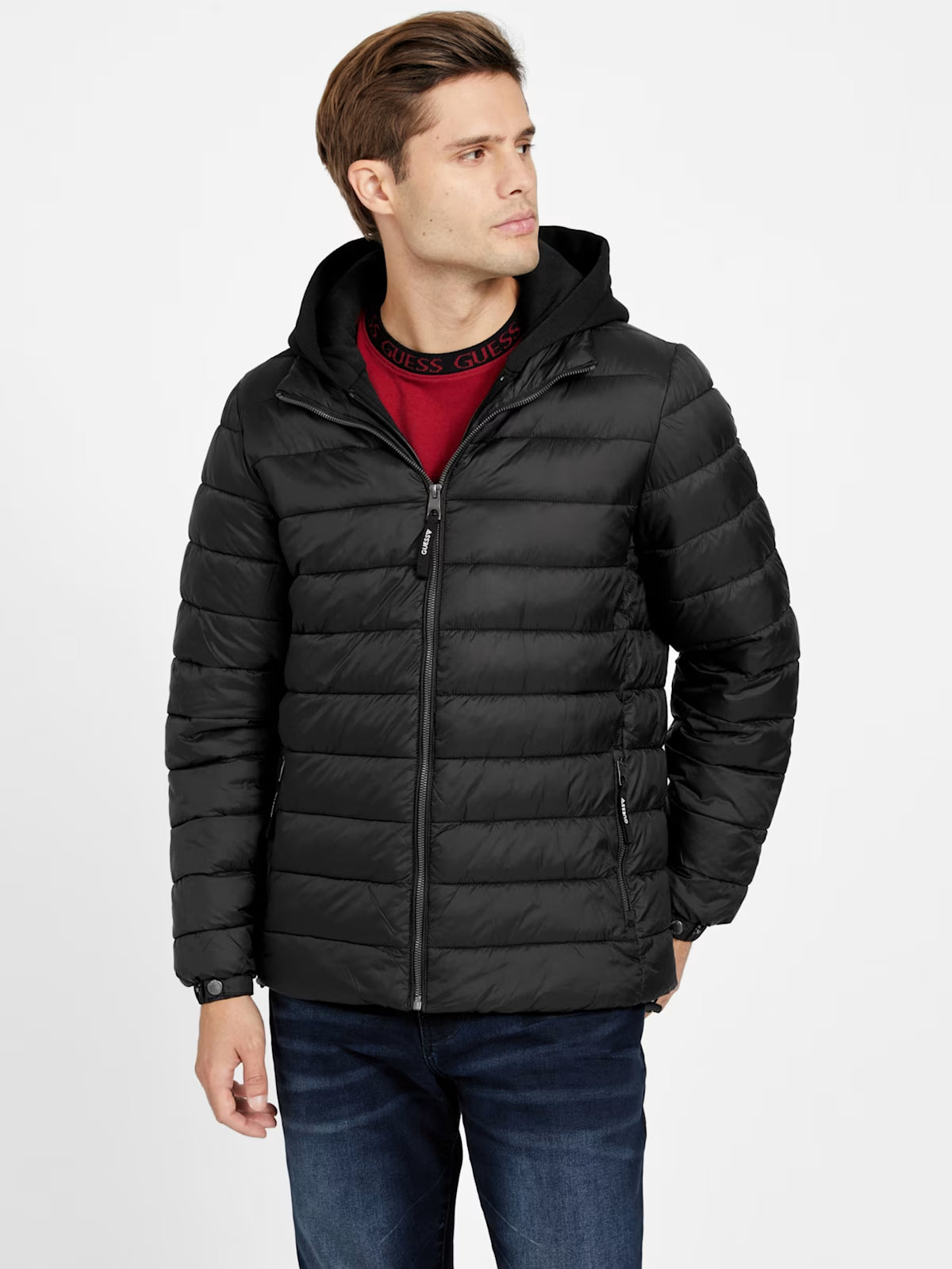 GUESS Mens' Harrison Hooded Quilted Jacket Black