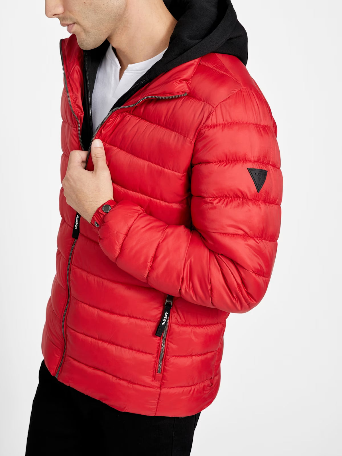 GUESS Mens' Harrison Hooded Quilted Jacket Red
