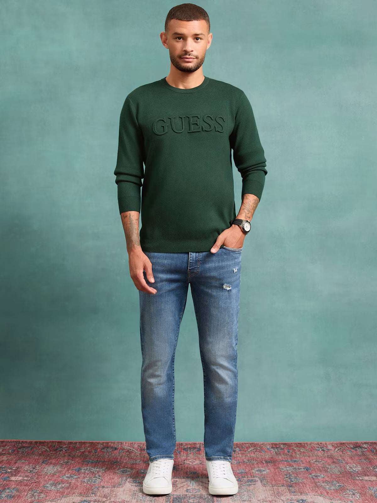 Guess MENS' Astero Logo Sweater Green