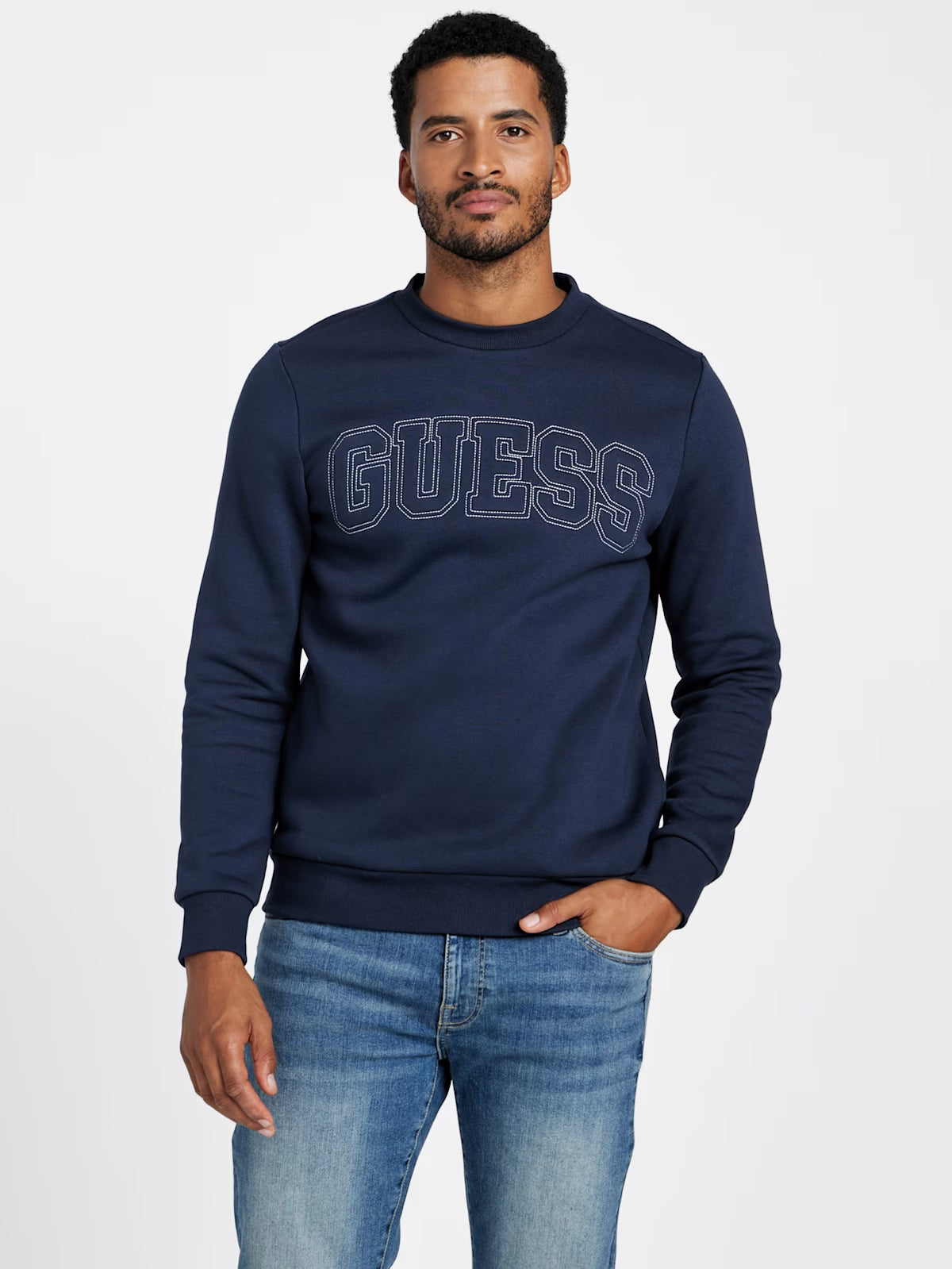 GUESS Mens' Saul Logo Crewneck Pullover Blue