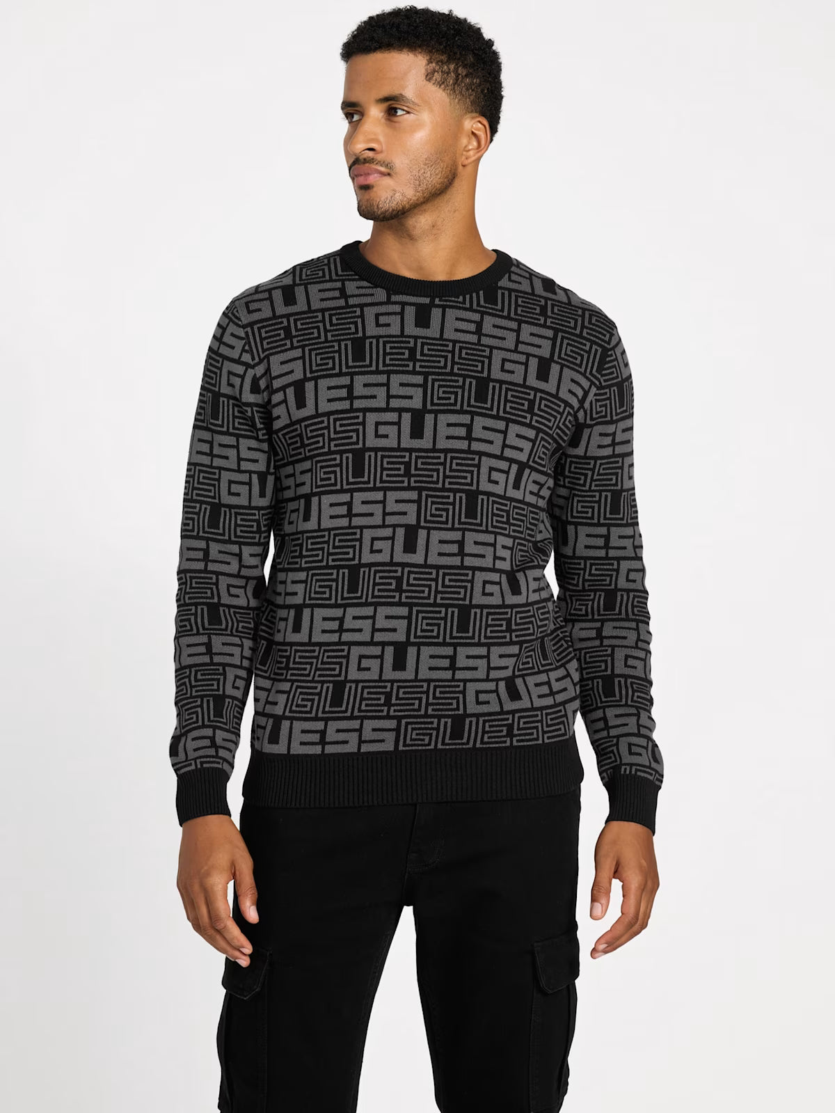 Guess MENS' Hertz Plaid Sweater Paco Logo Sweater Black
