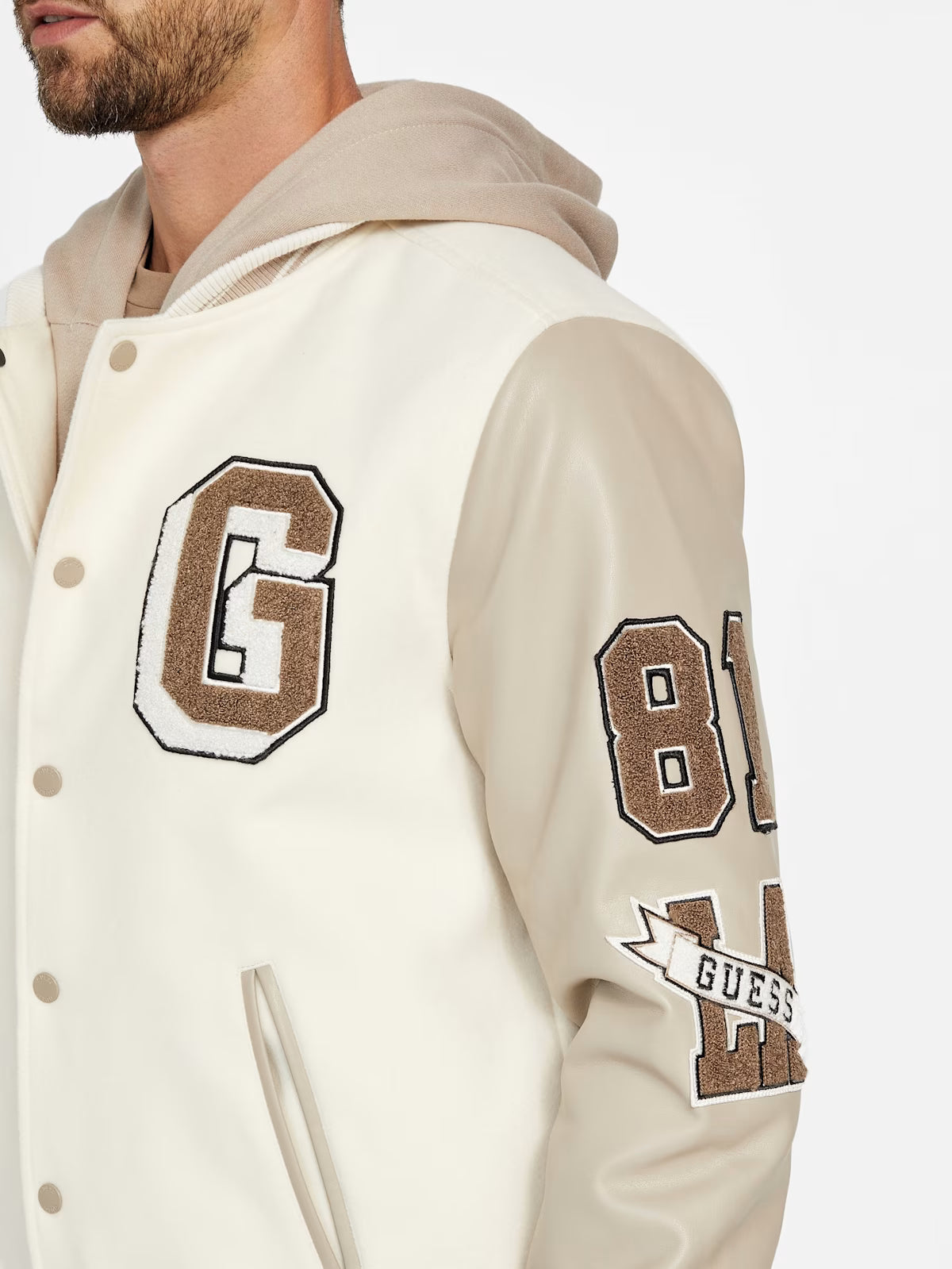 GUESS Mens' Lark Varsity Jacket Beige