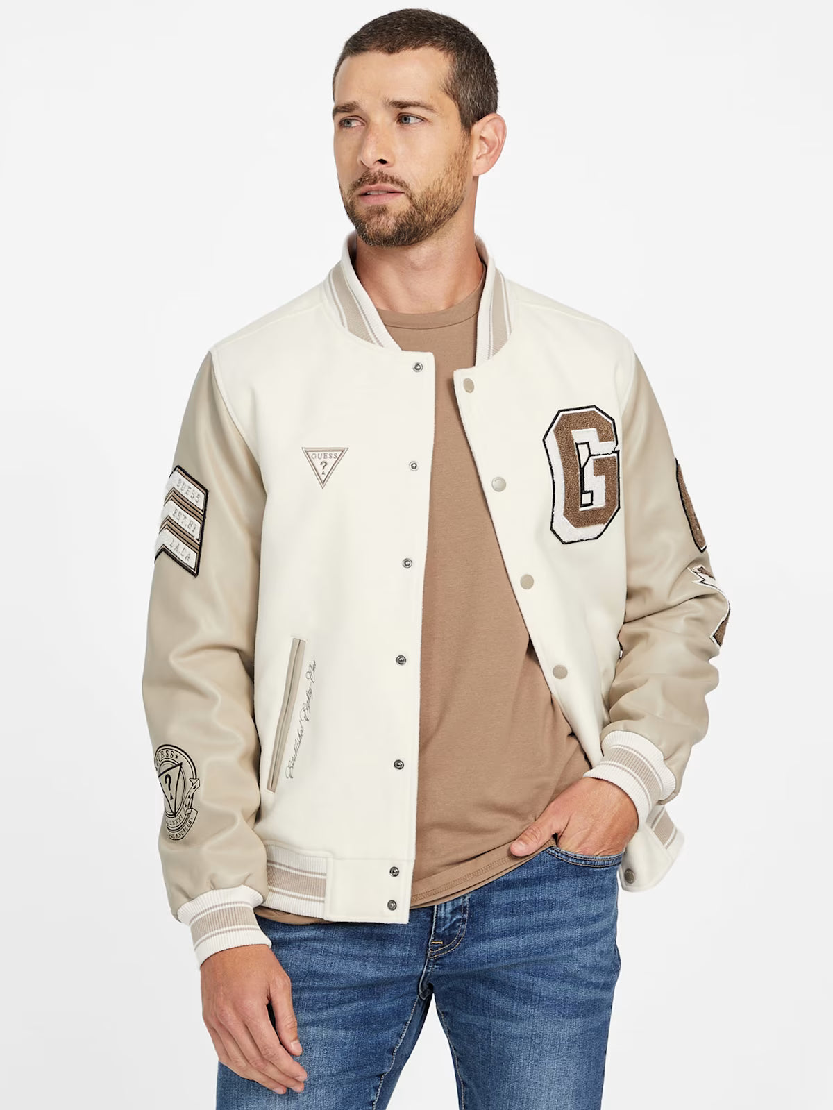 GUESS Mens' Lark Varsity Jacket Beige