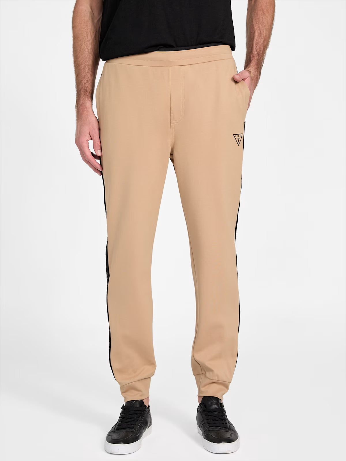 GUESS Mens' Ismael Logo-Tape Color-Block Joggers Beige